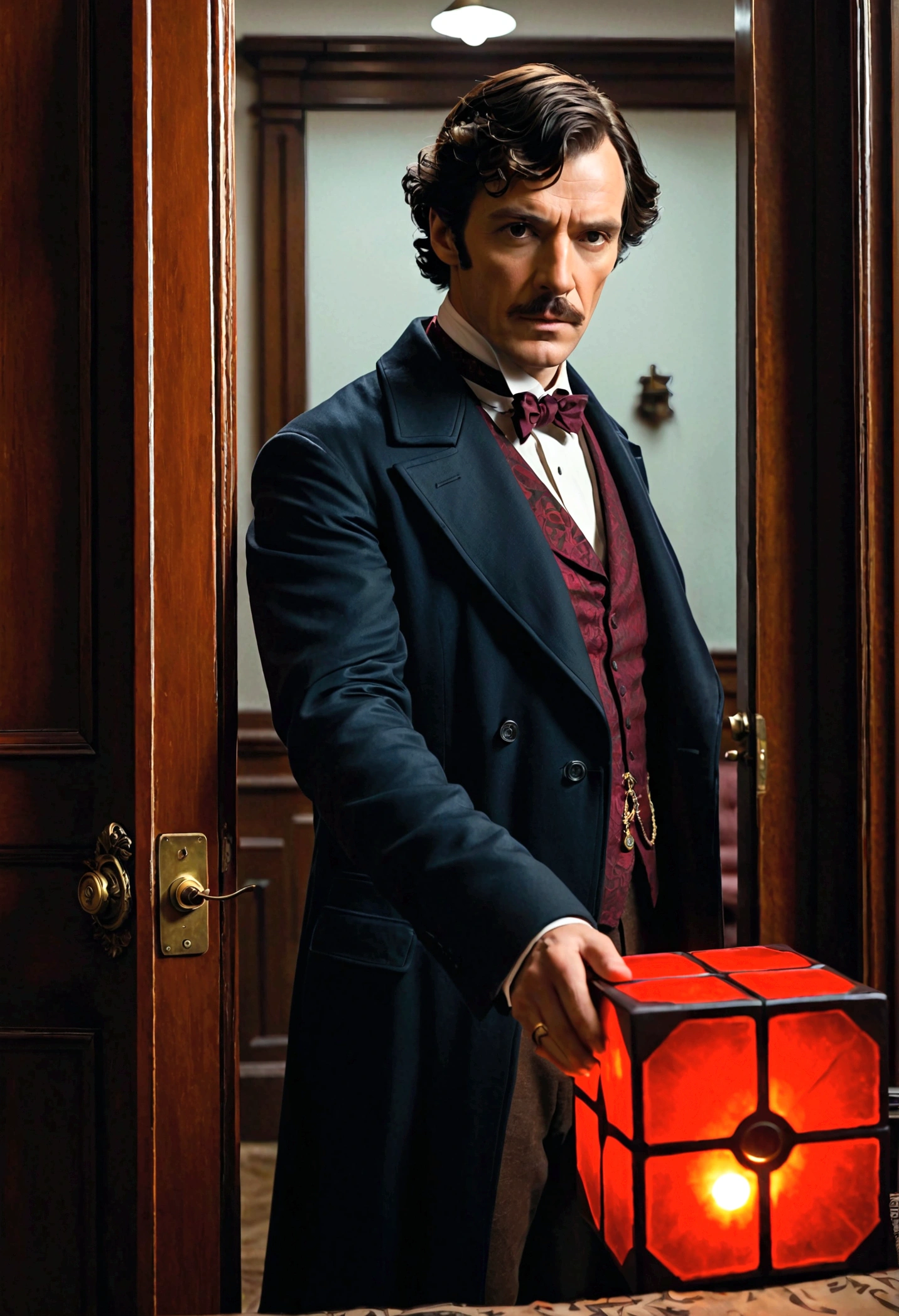 Sherlock Holmes, vistiendo una bata blanca y gafas, stands near the door of the room and holds a red light electric cube