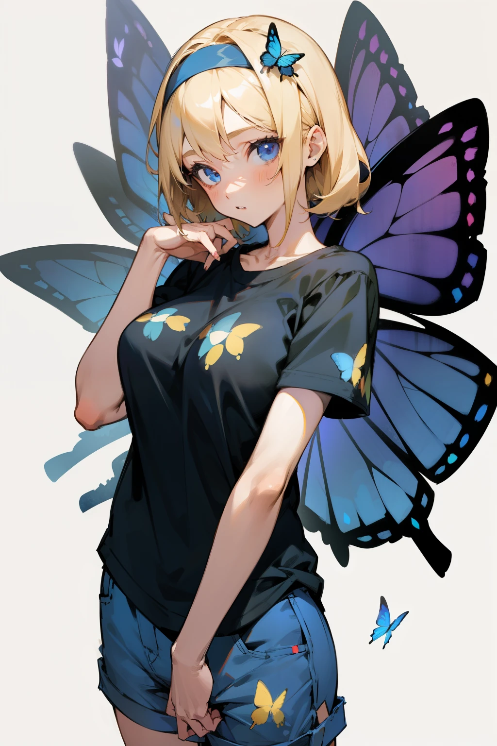 Girl, blonde hair, blue eyes, blue headband, short pants, big breasts, a loose, slightly light black T-shirt with short sleeves and decorated with flowers and butterflies,