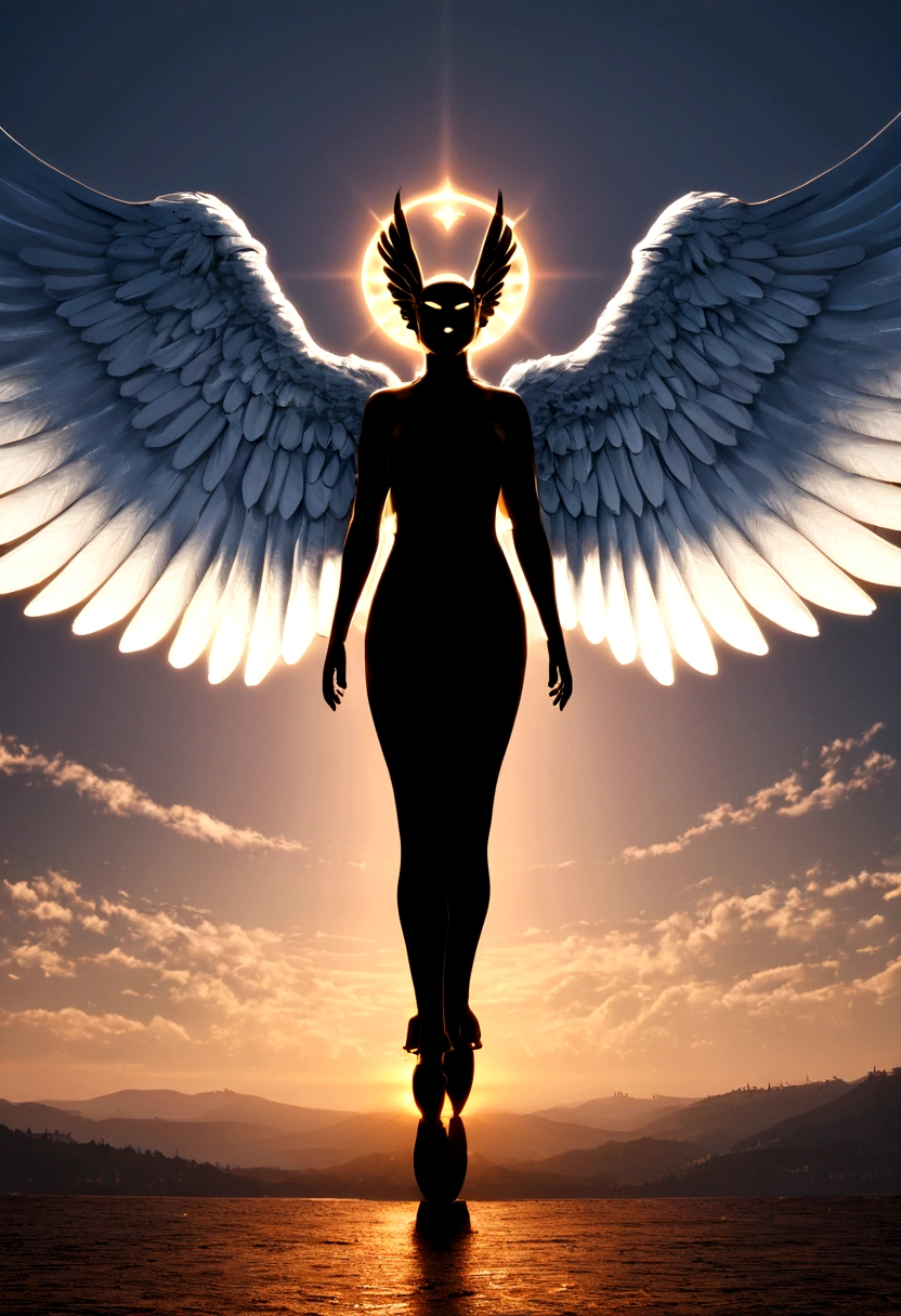 a model shot (taken from the back: 1.5),  aasimar, female,  paladin, holy warrior, spread large feathered wings, (wings sprouting from the back: 1.3), majestic wings, white angelic wings spread (Masterpiece, intense details: 1.5), moon light, moon, stars, clouds, holy symbol, armed with sword, short blond hair, dark fantasy cemetery background, anatomically correct (Masterpiece 1.3, intense details), angel_wings, determined face, god rays, cinematic lighting, glowing light, silhouette, from outside, photorealism, panoramic view (Masterpiece 1.3, intense details) , Wide-Angle, Ultra-Wide Angle, 16k, highres, best quality, high details, 16K, ultra detailed, masterpiece, best quality, (extremely detailed), arafed, dnd art, portrait, full body,