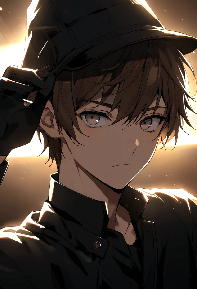 Male, brown hair, teenager, wearing a hat, black pants, black shirt, wearing black gloves, gray eyes. 