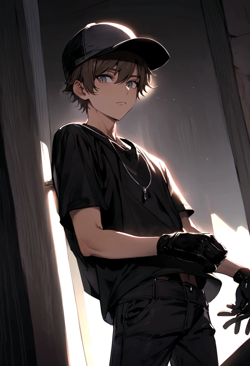 Male, brown hair, teenager, wearing a hat, black pants, black shirt, wearing black gloves, gray eyes. 