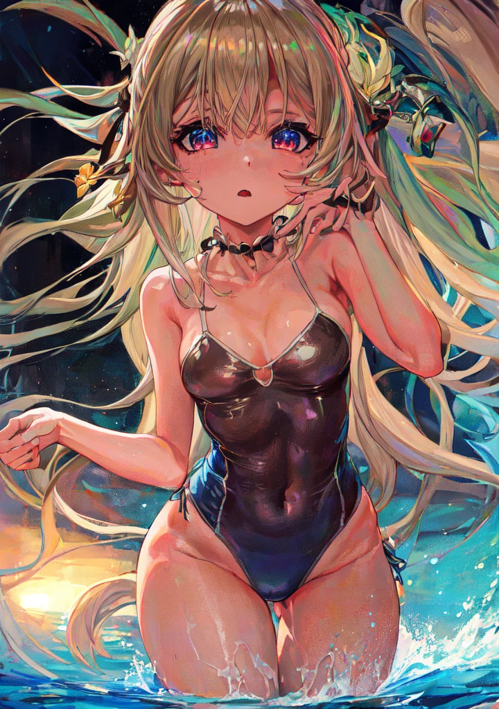 (masterpiece, highres, best quality, ultra detailed, detailed background, cinematic lighting:1.2), (beautiful detailed face, detailled eyes), pool, sunset, 1girl, long hair, white hair, straight hair, bangs, swept bangs, medium breasts, perky breasts, toned, red eyes, casual one-piece swimsuit, competition swimsuit, wet, wet hair, wet swimsuit, water drop, shiny skin, shiny lips, sexually suggestive, perfect body,fox ears,