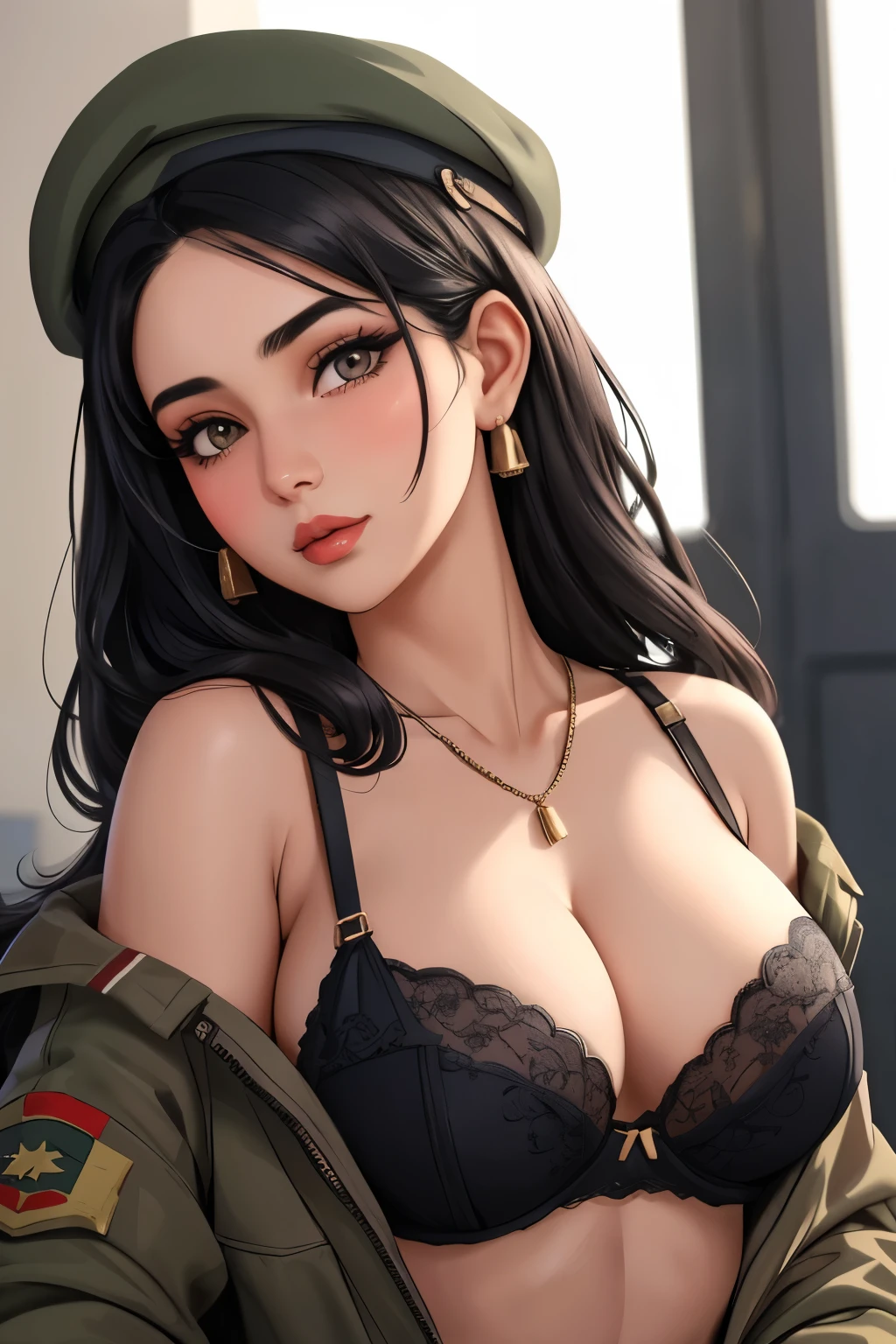 Afghan sexy girl, (26 years old), in the military operation room, bra, beret, necklace, ravishing expression, (below view), (face and skin details), (masterpiece, best quality, highly detailed, hyper realistic)