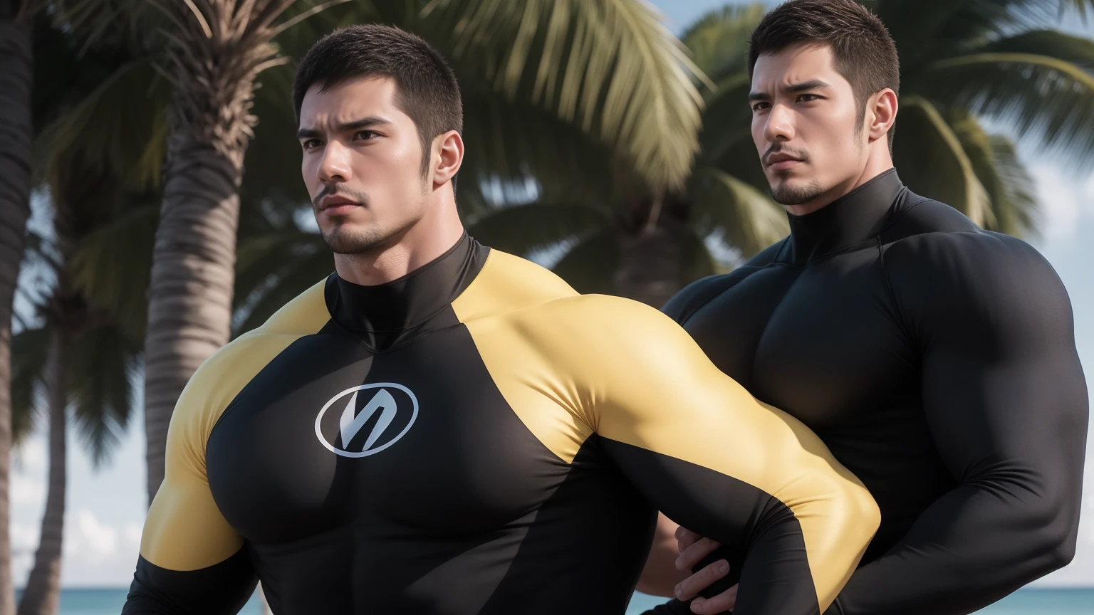 ((masterpiece, best quality, extremely detailed, highres, 8k, detailed face)),4boys,Four male surfers arm in arm, full body description, short black hair, university students