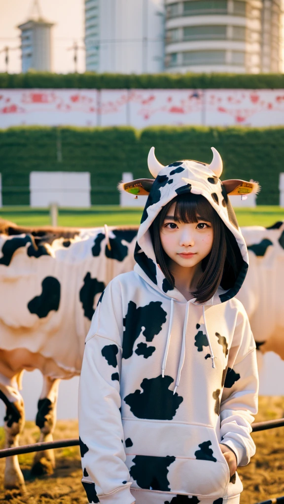 Masterpiece, bokeh, 4K, Beautiful high school girl, (Japanese idle:1.6), (cow pattern Hoodie:1.3), (Cat ears:1.3),  (Big cows:1.6), sundown rooftop