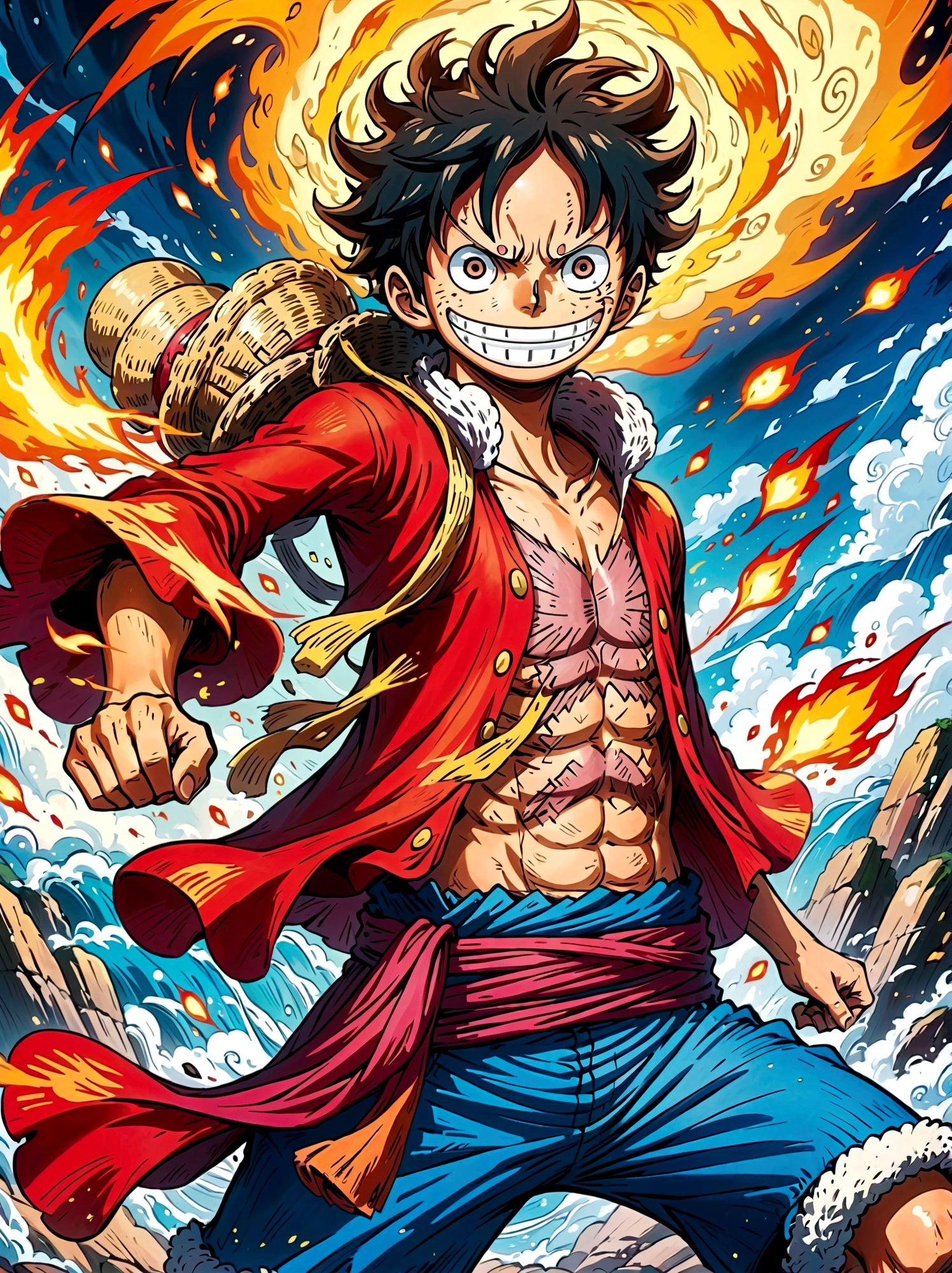 Create an exciting poster with Luffy from "one piece" em um ataque de raiva, wolf-headed. Capture the essence of his fiery determination and unyielding spirit as he unleashes his wrath on his enemies. Mantenha-o curto, ousado, e intenso para transmitir o poder bruto da raiva de Luffy, boy, anime