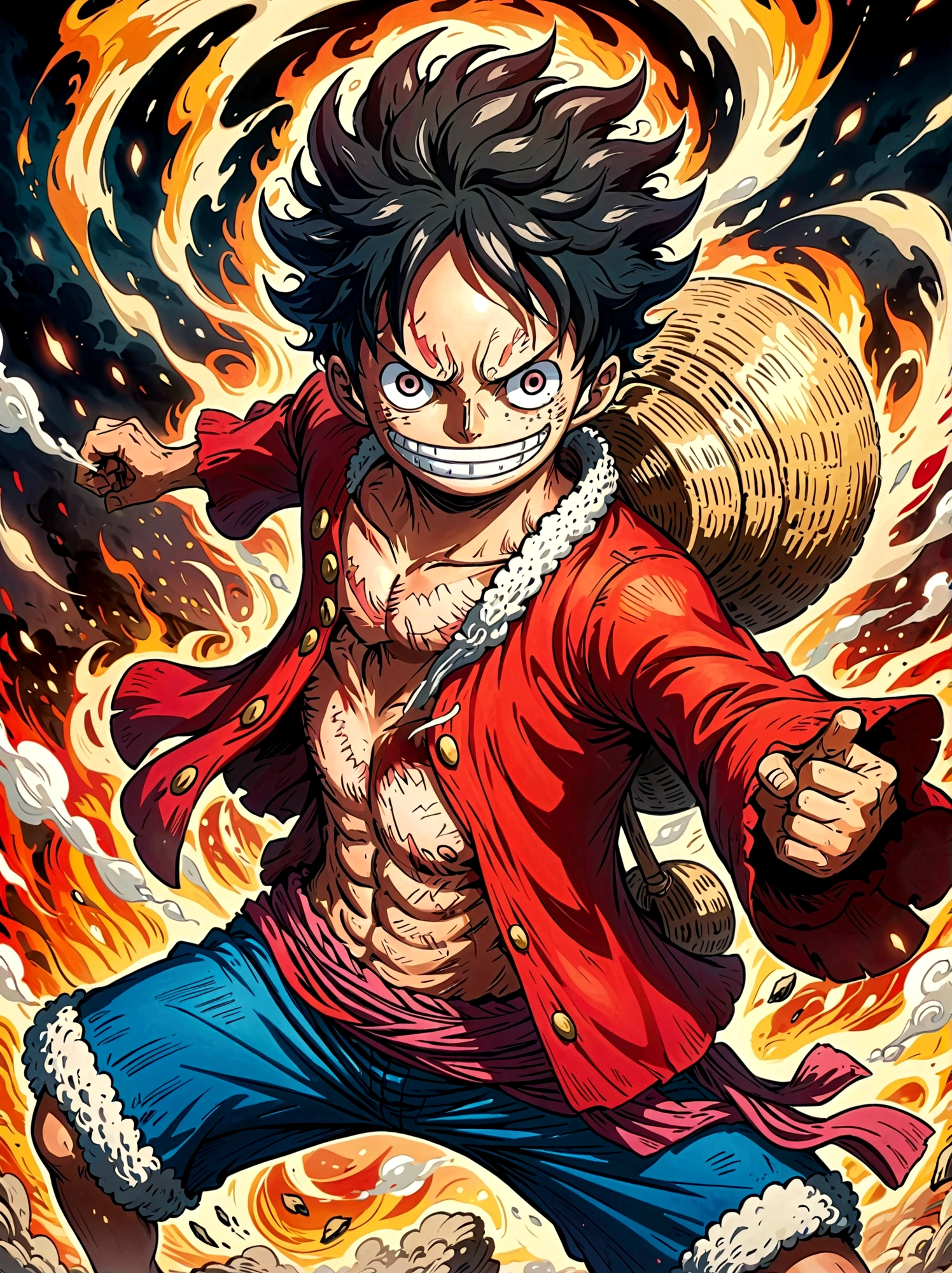 Create an exciting poster with Luffy from "one piece" em um ataque de raiva, wolf-headed. Capture the essence of his fiery determination and unyielding spirit as he unleashes his wrath on his enemies. Mantenha-o curto, ousado, e intenso para transmitir o poder bruto da raiva de Luffy, boy, anime