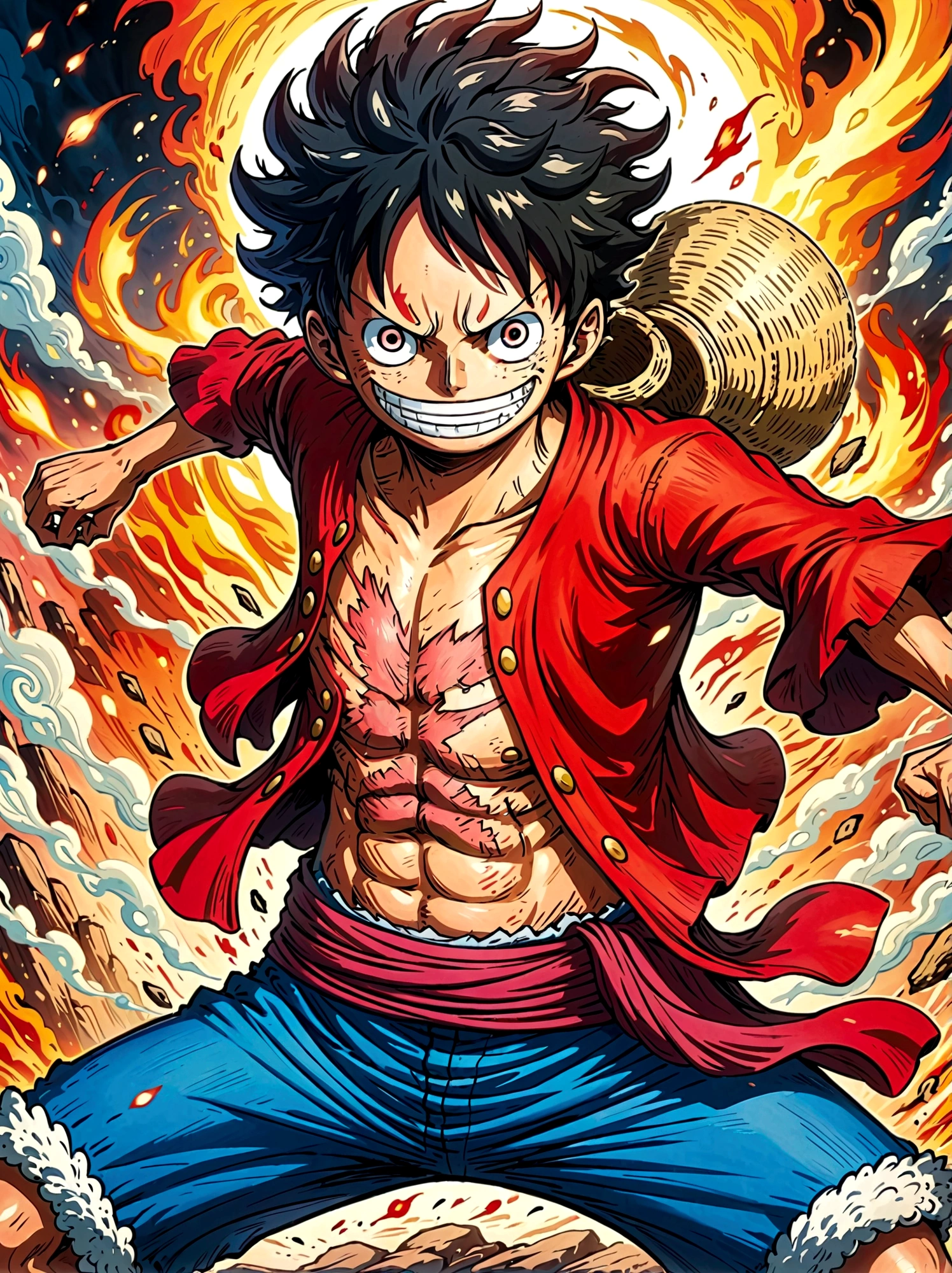 Create an exciting poster with Luffy from "one piece" em um ataque de raiva, wolf-headed. Capture the essence of his fiery determination and unyielding spirit as he unleashes his wrath on his enemies. Mantenha-o curto, ousado, e intenso para transmitir o poder bruto da raiva de Luffy, boy, anime