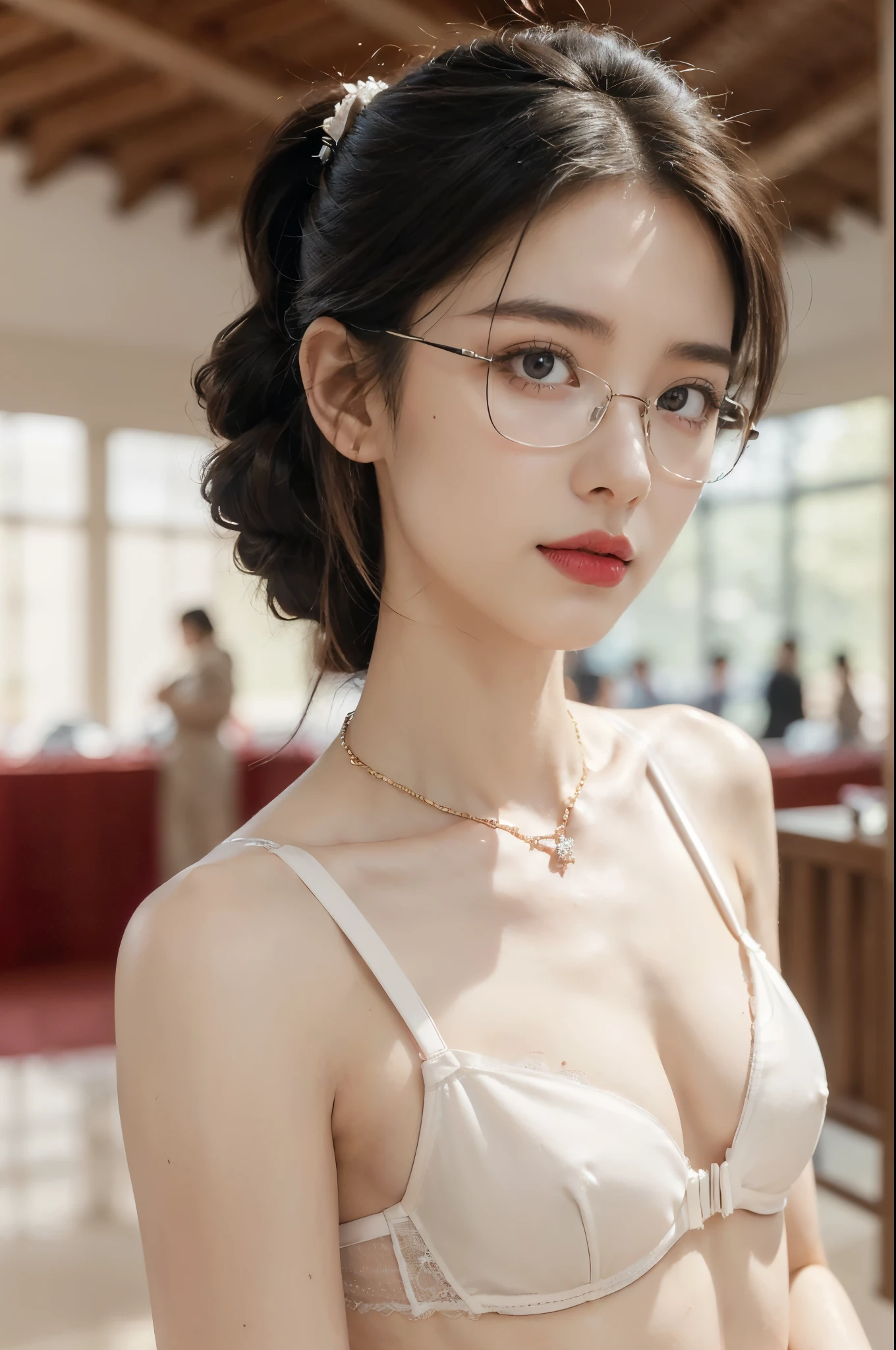 ((((8k))),((Extremely meticulous CG)) ,(wallpaper),16k,((Extremely refined and beautiful)),(((Masterpiece))),(((best qualtiy))),(((Ultra High Resolution))),beautiful light up,Perfect lightning,realistic shaded,(Smooth and flawless skin:1.5),(Extremely exquisite facial details:1.2),(perfect body:1.2),(ultra-detailed),((A beautiful girl,solo)),(small head:1.2),(pale skin:1.3),(short ponytail:1.3),(small face:1.2),(baby face:1.3),(glasses:1.2),(Exquisite makeup:1.2),(red lips:1.2),(parted lips:1.2),(small breasts:1.3),(flat chest:1.2),(claviclies:1.3),(cleavage:1.3),((slim,thin)),(disgusted expression:1.5),(crystal necklace:1.2),(white bra:1.5),(indoor:1.3),(summer:1.3),(detailed background:1.5),(standing:1.3),(close-up of face:1.3),(from front:1.3),(day scene:1.5),(In a luxurious Hall:1.5),(bright and vivid colors:1.3),(surrounded by crowded crowds:1.3),Exchange, stock, trading floor, bustling, vibrant, large open space, polished floor, high ceilings, monitors, real-time market data, phones ringing, traders talking, efficient operation, trading desks, brokers booths, senior staff offices, equipped computers, telephones, raised platform, pit, brokers, dealers, activity, hushed tones, personnel, roles, responsibilities, traders, suits, monitoring screens, market movements, brokers, negotiation, clients, dealers, execution, efficiently effectively, organized space, buying selling stocks
