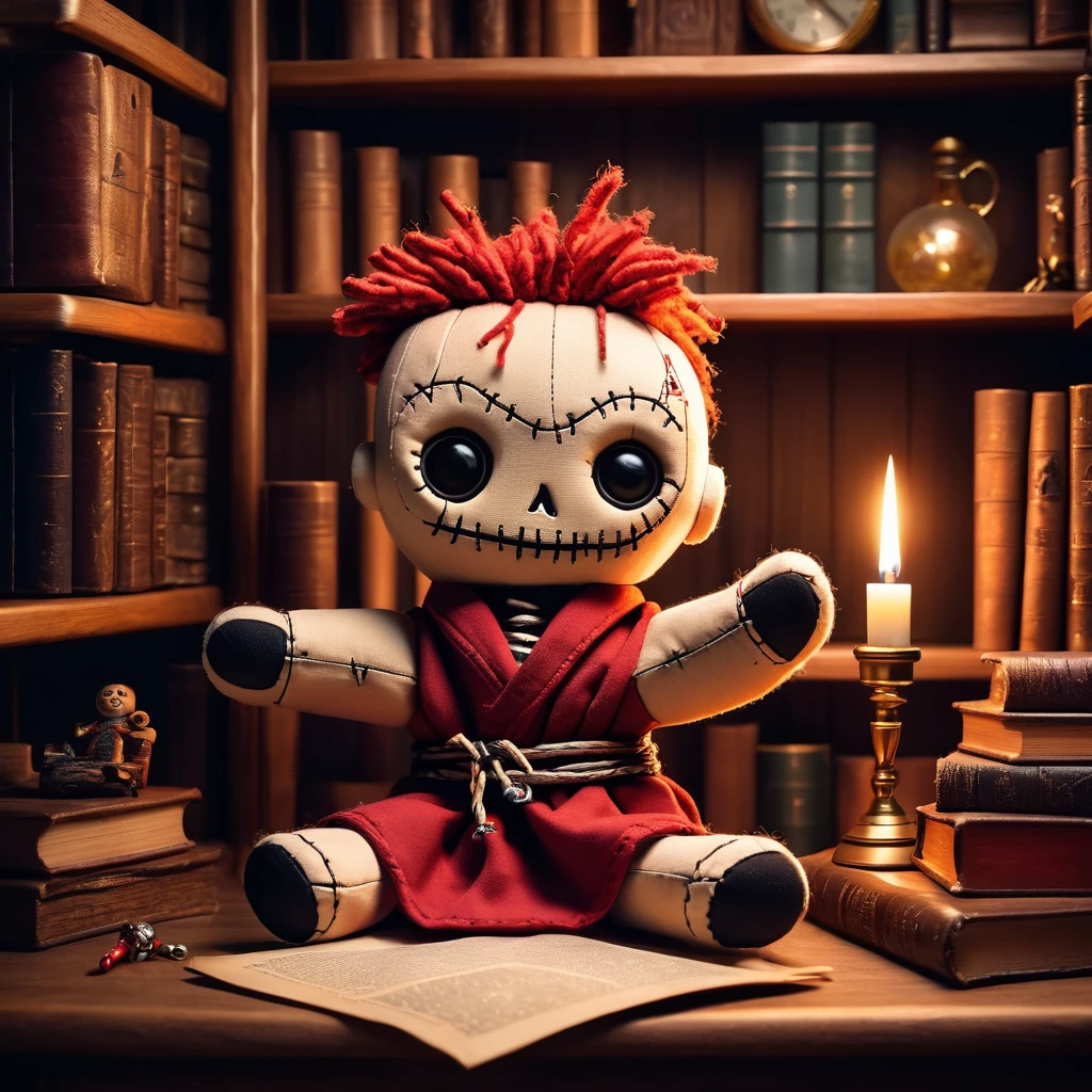 (knitted toy voodoo doll: 1.8), (against the background of a cozy office with shelves filled with books and magical artifacts: 1.5), in a robe, (sitting at a table with a pen and a scroll: 1.1), magical sparks around, an instructive hand gesture, a pointer in his hand, best quality, masterpiece, soft oil painting, detailed background, dramatic cinematic lighting, soft edge lighting, professional, dramatic lighting, hard edge lighting, ultra quality, 4k, masterpiece, best quality, 8k, super high definition, high de