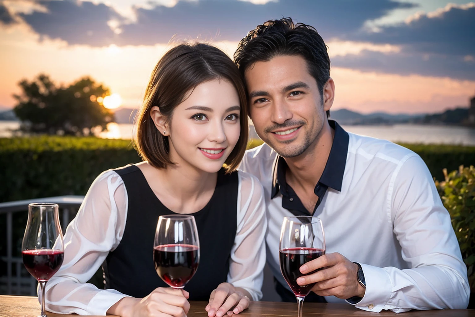 ((highest quality、8k、masterpiece:1.3))、 (Genuineistic, Genuine、Bright image、Intricate details:1.2), Best smile 1 man 1 woman、Beautiful Couple、spouse、Couple、spouse、Beautiful Couple、Smile、full-course dinner、 (Slim face), (The body is slim), (Brown Hair), (short hair), テーブルの上のwine glass、Please shine a light on my face、 Amazing view of the sunset sky and clouds、 (42 years old), 39 years old, red wine 、Appetizers、Wine bottle、sparkling wine、Long sleeve shirt、dress、White wine, red wine, wine glass,