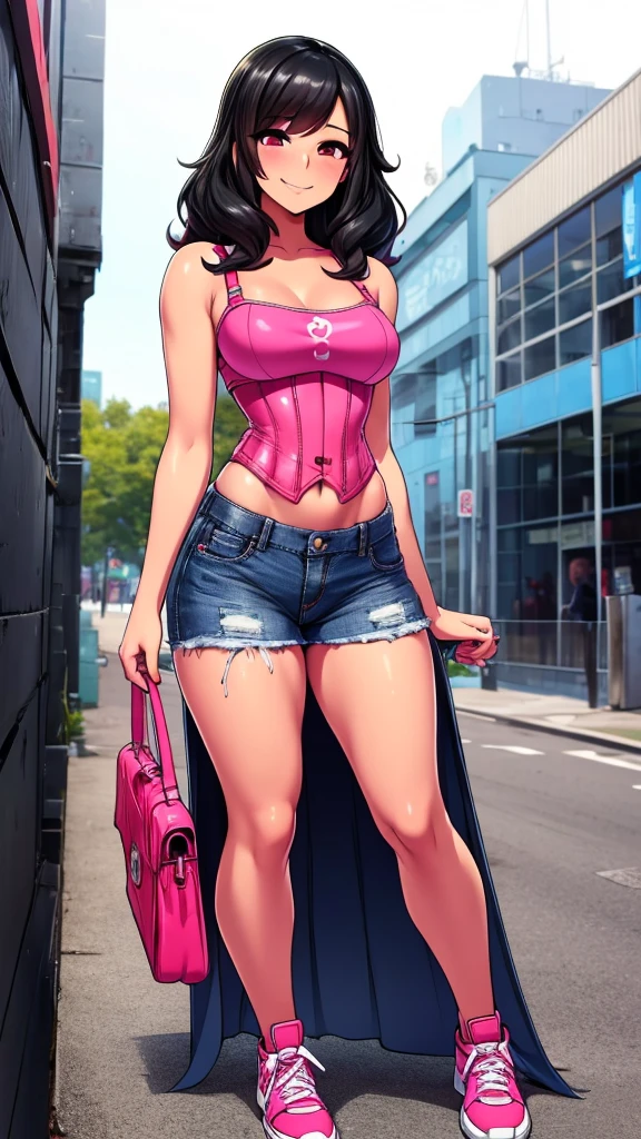 A cute sexy girl smiles kindly friendly emotion shy nervous scared mute long wavy black emo hair mencho her pink eye dresses corset bra shows navel and sensual jeans thigh red tennis shoes