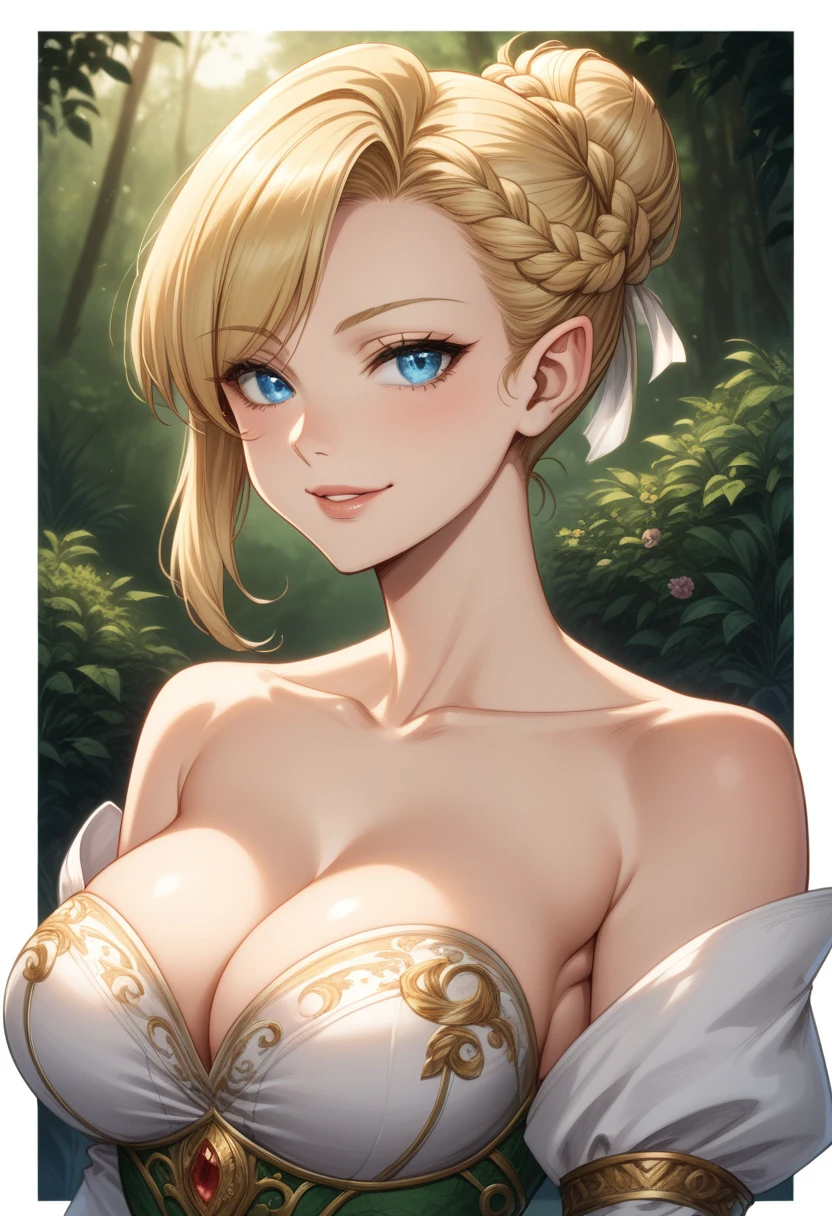 An elegant elf seated on the riverbank, in the warm hues of a sunset, (serene atmosphere:1.2), (elven attire:1.2), detailed surroundings, (), [soft light], (artstation:1.1), (golden hour:1.25), (tranquil scene:1.15). BREAK (1elf woman), Perfect body, (E-cup:1.2), light smile, (asymmetrical bangs), ( Braid Bun), short hair, highly detailed face and eyes, Perfect lips, Light pink lips, (vawy blonde hair, Deep Blue Eye). By Yusuke Murata sultry look, seductive,  smirk, , inviting smile, upper body, cowboy shot, wide hips, cleavage
