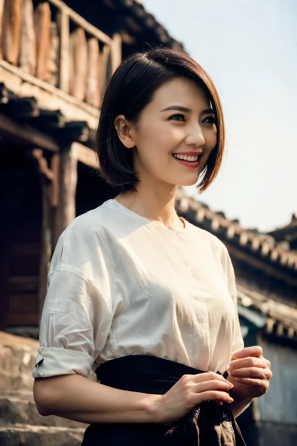 (8K, best quality, masterpiece:1.2),(Practical, Photo-realistic:1.37),Extremely detailed, ((1 girl)),A 40-year-old woman is communicating with her neighbor，township，Rural China ，(Smile:1.15),(Shut up),Beautiful and delicate eyes,(medium length:1.2),Flowing short hair ,