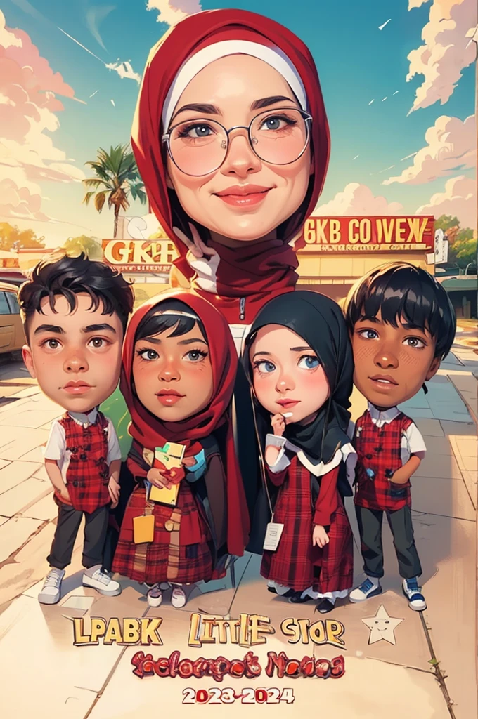 cartoon of a hijab woman with Two white hijab girls and 2 boys, wearing uniforms, Maroon checkered children's uniform, caricature illustration, digital art cartoon, caricature style, in cartoon style, cartoon artstyle, caricature, cartoon digital art, inspired by JoWOnder, cartoon portrait, potrait, caricature!!!, teacher, by Abidin Dino, inspired by Nil Gleyen, cartoon digital painting, full protrait