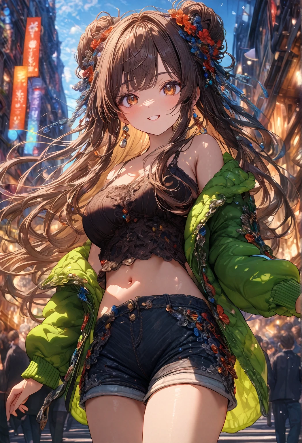 ((masterpiece:0), best quality, very aesthetic, newest, absurdres, detailed, high quality)
BREAK
highest quality, top quality, details, highres, ultra fine painting, digital art, official art, cinematic, 4k, 8k resolution, 8K CG wallpaper, CG, original artwork, detailed background, colorful background, blue atmosphere, High Dynamic Range, blurry background, blue hour, Starburst effects, crepuscular rays, good ISO, high resolution, wide shot, from far away, RAW photo, POV, sharp focus, light reflection, reflections, intricate details, soft light, particle noise, professional photography, bokeh, depth of field, natural lighting, vibrant colors, looking away, detailed lights and shadows, stylish, ultra-detailed, Pixiv, trending art, niji style, modern-days, master crafted, pose
BREAK
solo, 1girl, a girl, correct fingers, detailed skin, (medium big breasts:1.2), big thighs, short torso, short body, flushtered, happy expression, smile, casual, cute, slim, (childlike face:1.3), nice hips, nice body, brown hair, (long flowing hair:1.1), big 2 buns hairstyle, long bangs, long hair, middle hair bangs, brown eyes
BREAK
(black string tank top, off shoulder open green hoodie, tummy skin:1.1, open unbuttoned shorts, many colors outfit ornaments)
BREAK
a close up of a person walking down a street with a crowd of people, crowded street, crowded streets, in front of a large crowd, giant crowd, girl walking through city, people walking down a street