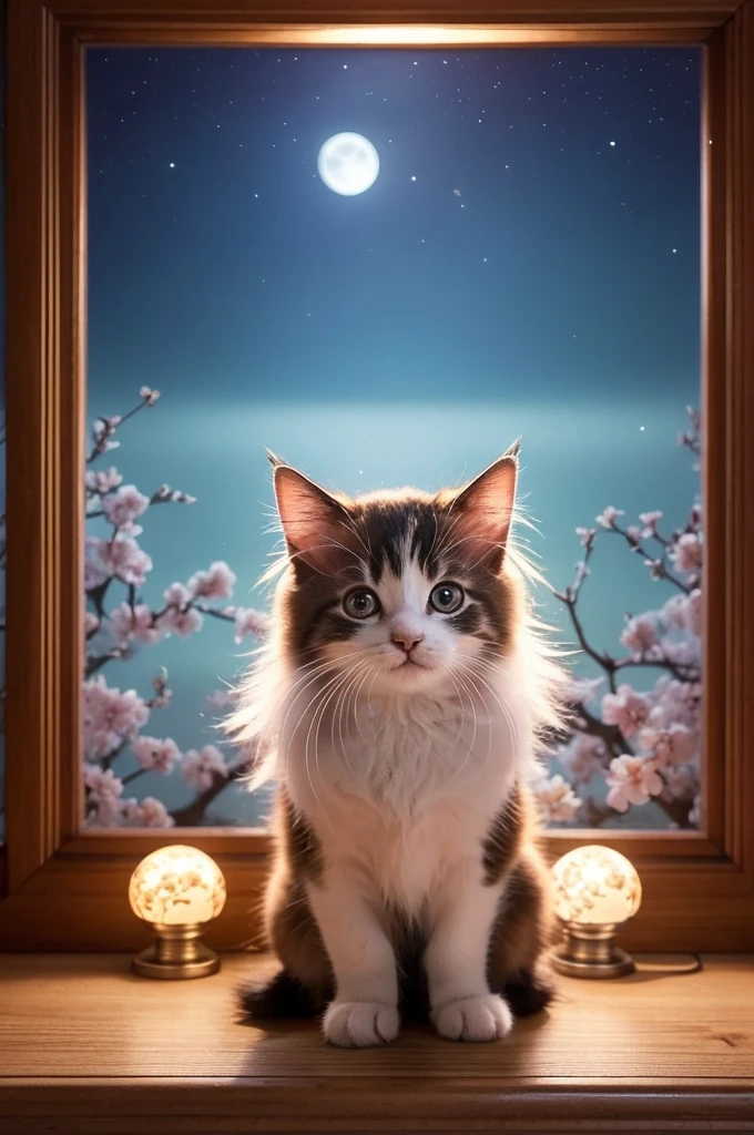 Cherry blossoms falling、Cherry blossoms in a frame、Fantasy、Very cute close-up of a kitten sitting and looking at the moonlight, Soft Volume Lamp (Retro Illuminasan: 1.3), (Kinesiology: 1.2), Intricate details