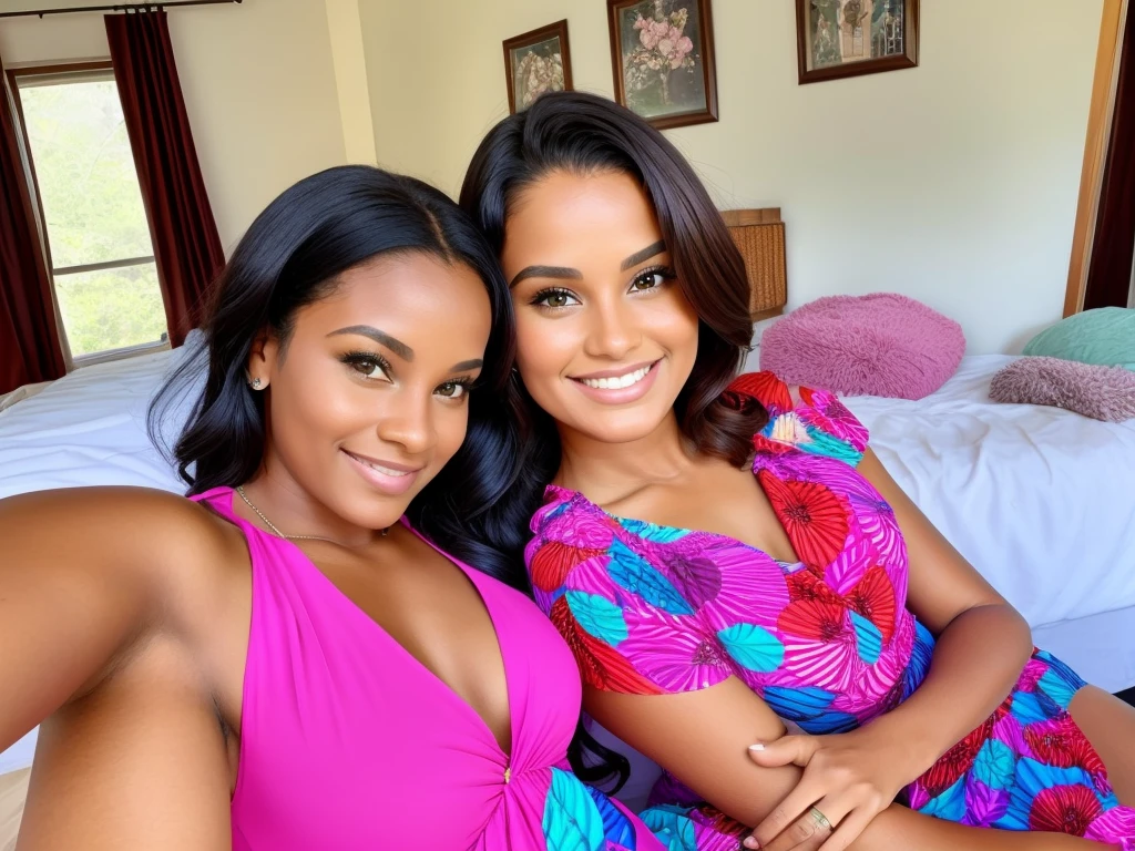 beautiful 35 year old mother and her age daughter posing in a sexylfie wearing short colorful dresses