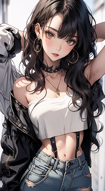 masterpiece, highest quality, pixiv, cool girl, the strongest pirate girl, topless, lips in love, dark brown hair, curly hair, dull bangs, straight bangs, gray eyes, white skin, gal, Improve
