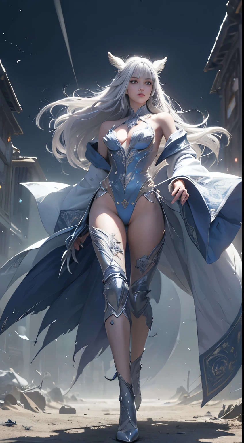 (Best Quality,4K,High resolution), human wolf,(Best Quality,4K,High resolution),Silver-white hair on a white body, body covered with white hairs all over the body,, transform,An abnormal,sharp eye,Luminescent blue eyes,Facial expression enhancement,,Changing the Appearance of a Transform,beast,Beastification,buttle,Delicate illustrations drawn in detail,Realistic skin texture expression,Realistic portrayal,Vibrant colors,expresive,Classic background(Best Quality,4K,High resolution), Comical appearance,(Best Quality,4K,High resolution), 18yo woman, Blue highlights on gray hair, Long hair, Straight hair, Cool Woman,Wolfification of a man,Cold eyes ,sharp eye,Intricately decorated torn feather robe,comic strip,animesque,Comical illustration,busy,Deformed cute illustration,Full body projection,Fighting,Halloween,Dark worldview