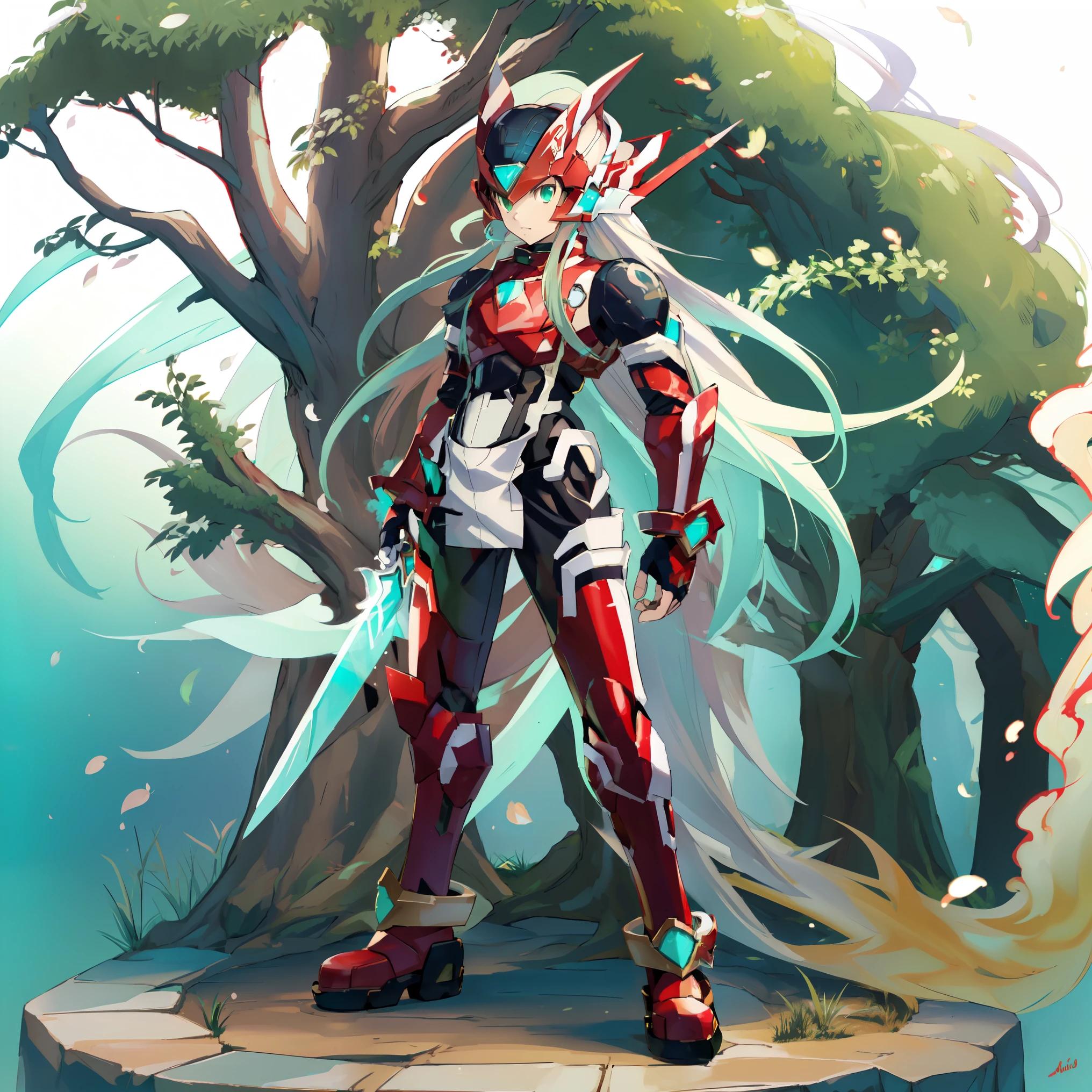 megzeromyth2023, 1boy, long white hair, red armor, green energy sword, high quality, masterpiece, standing with green flames coming from a tree