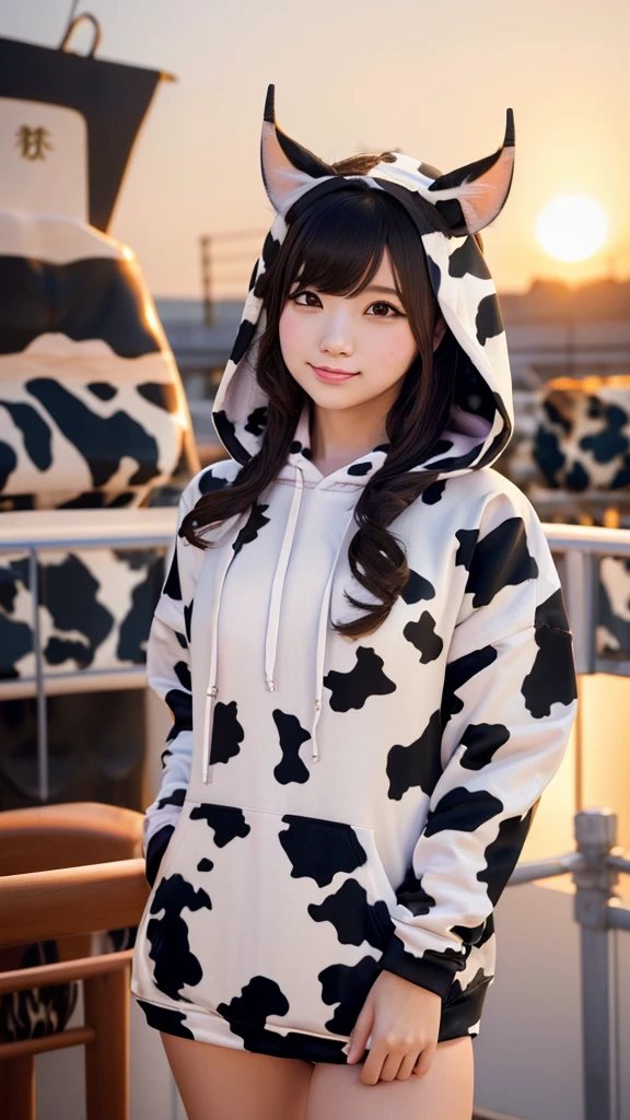 Masterpiece, bokeh, 4K, Beautiful high school girl, (Japanese idle:1.6), (cow pattern Hoodie:1.3), (Cat ears:1.3), (Big cows:1.6), sundown rooftop