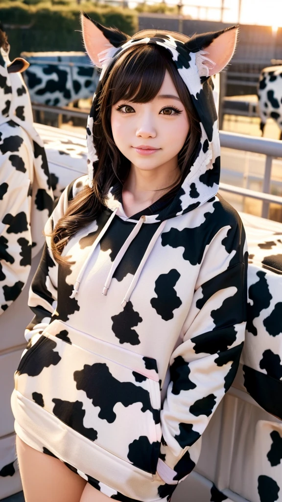 Masterpiece, bokeh, 4K, Beautiful high school girl, (Japanese idle:1.6), (cow pattern Hoodie:1.3), (Cat ears:1.3), (Big cows:1.6), sundown rooftop