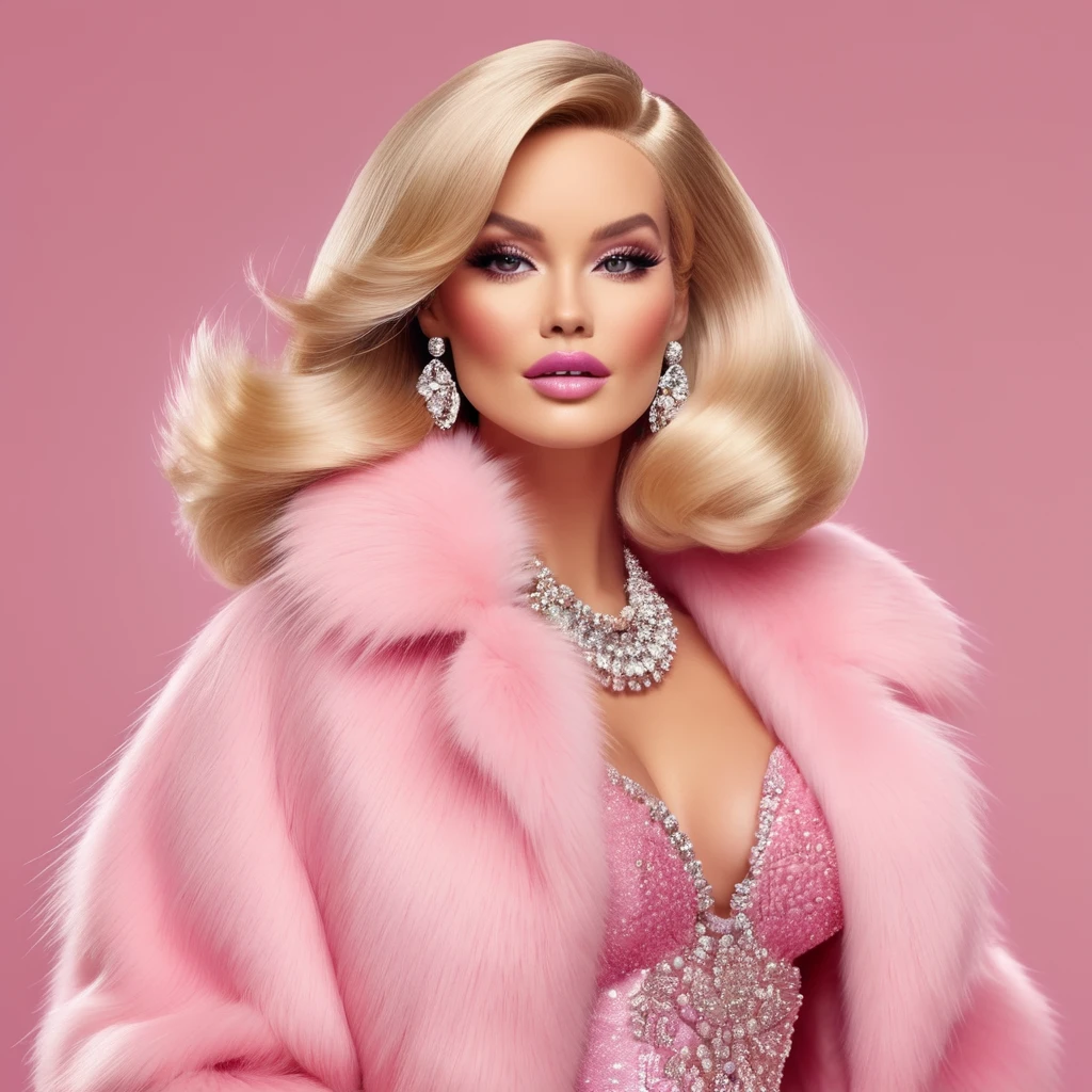 lovely bearded woman, blonde hair Voluminous Bob Lob, wears pink fur coat bling bling barbie