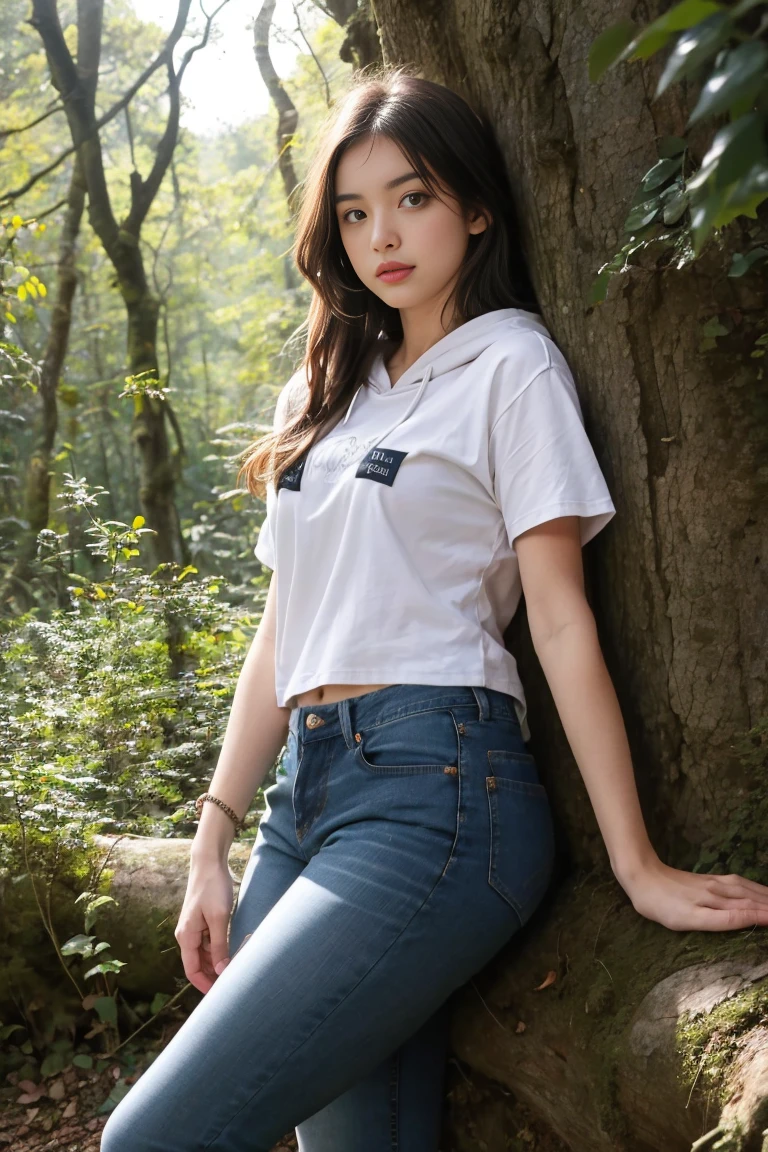 deux femmes ensemble sexy et mince de 18 ans , dans la forêt , short sleeve hoodie et short en jean , position sexy , position sensuelle, se touche ,