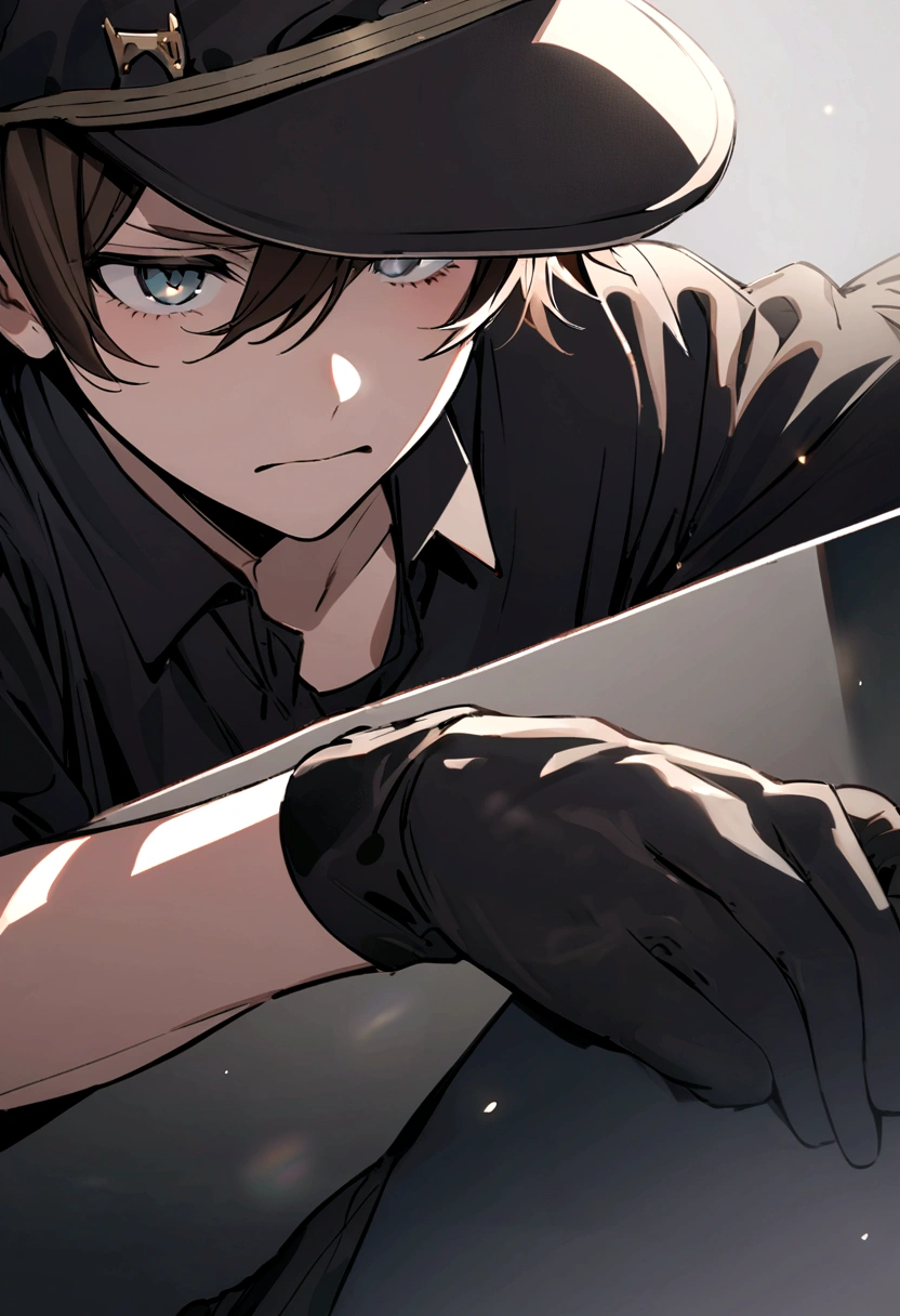 Male, brown hair, teenager, wearing a hat, black pants, black shirt, wearing black gloves, gray eyes. 