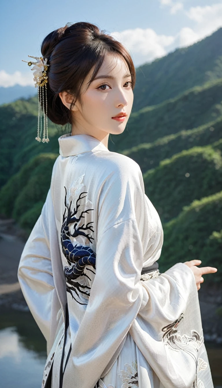 (Beautiful models in Japanese kimono ads), (Solitary), ((The face is 80% Beauty and elegance, 20% Playful:1.5)), (Her), Clear eyes, (Delicate eyes, Light brown eyes, Smart pupils), Double eyelids, (Sexy and slightly thick lips:1.2), Ultra Detailed and incredibly high resolution Kimono, Highly detailed facial texture, Attractive body shape, Full figure、very attractive woman, High-resolution RAW color photos Professional photos, rest ultra high-resolution textures, High resolution body rendering, big eyes, An unrivalled masterpiece, Incredibly high resolution, Ultra Detailed, Amazing ceramic skin, rest (Wearing a sparkling limpa flow silver kimono，There are many colors of Limpa Silver), (The main color is Rinpa shiny silver, Black to silver gradient from hem to collar), (Meticulously crafted classic Japanese shiny silver kimono), ((The embroidery pattern is a Japanese dragon, cloud, Mountains, and rivers)), (A belt that matches this kimono), ((shiny silver kimono，With delicate and elegant embroidery)), (The background is a night view，Light snow falling) rest ((best quality, 8k)), Clear focus:1.2, (Layer cutting, Large target:1.2), (Beautiful Women in Perfect Shape:1.4), (Beautiful figure，Full breasts:1.3), Slim waist, (The right hand shape:1.5), (full-body shot | Cowboy shooting | Rear view)