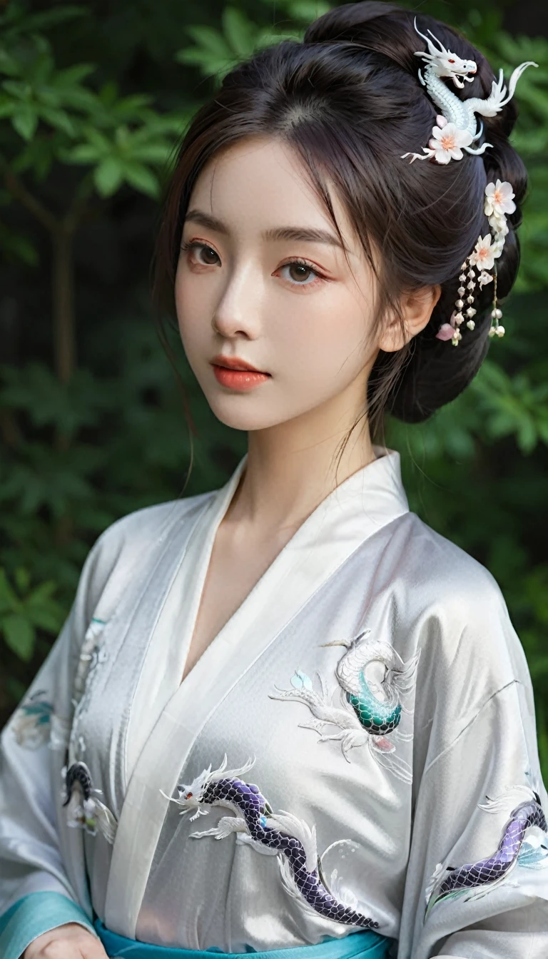 (Beautiful models in Japanese kimono ads), (Solitary), ((The face is 80% Beauty and elegance, 20% Playful:1.5)), (Her), Clear eyes, (Delicate eyes, Light brown eyes, Smart pupils), Double eyelids, (Sexy and slightly thick lips:1.2), Ultra Detailed and incredibly high resolution Kimono, Highly detailed facial texture, Attractive body shape, Full figure、very attractive woman, High-resolution RAW color photos Professional photos, rest ultra high-resolution textures, High resolution body rendering, big eyes, An unrivalled masterpiece, Incredibly high resolution, Ultra Detailed, Amazing ceramic skin, rest (Wearing a sparkling limpa flow silver kimono，There are many colors of Limpa Silver), (The main color is Rinpa shiny silver, Black to silver gradient from hem to collar), (Meticulously crafted classic Japanese shiny silver kimono), ((The embroidery pattern is a Japanese dragon, cloud, Mountains, and rivers)), (A belt that matches this kimono), ((shiny silver kimono，With delicate and elegant embroidery)), (The background is a night view，Light snow falling) rest ((best quality, 8k)), Clear focus:1.2, (Layer cutting, Large target:1.2), (Beautiful Women in Perfect Shape:1.4), (Beautiful figure，Full breasts:1.3), Slim waist, (The right hand shape:1.5), (full-body shot | Cowboy shooting | Rear view)