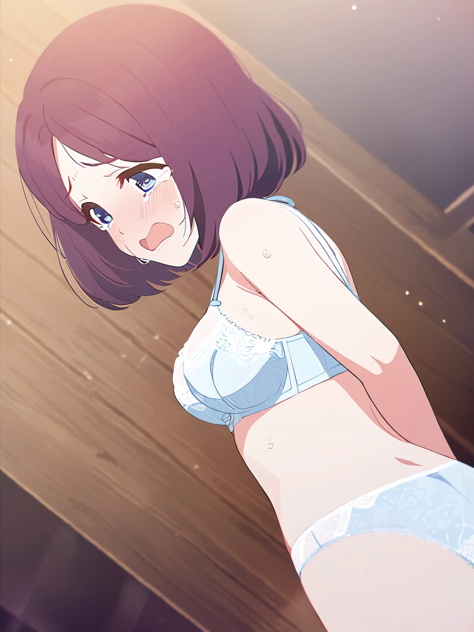 One girl、Standing on a wooden stage、Light blue bra、Light blue panties、Arms around your back、Dark pink hair、Feeling embarrassed、Tears in the eyes、blue eyes、looking at the camera、Bob Hair