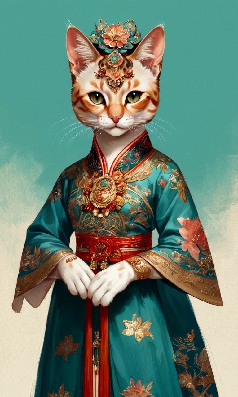 (highly accurate drawing in every detail)(extremely precise representation)upper body,,ancient asia vibe, a stunning hanfu oriental cat(with all cat specific bodyparts) dressed in georgeous hanfu dress with sacred geometric patterns and hair with big flower hanfu headpiece.big eyes, high quality linework,plain background,1 line drawing,burma cat, singapura cat, flat turquoise-blueish-green asia background