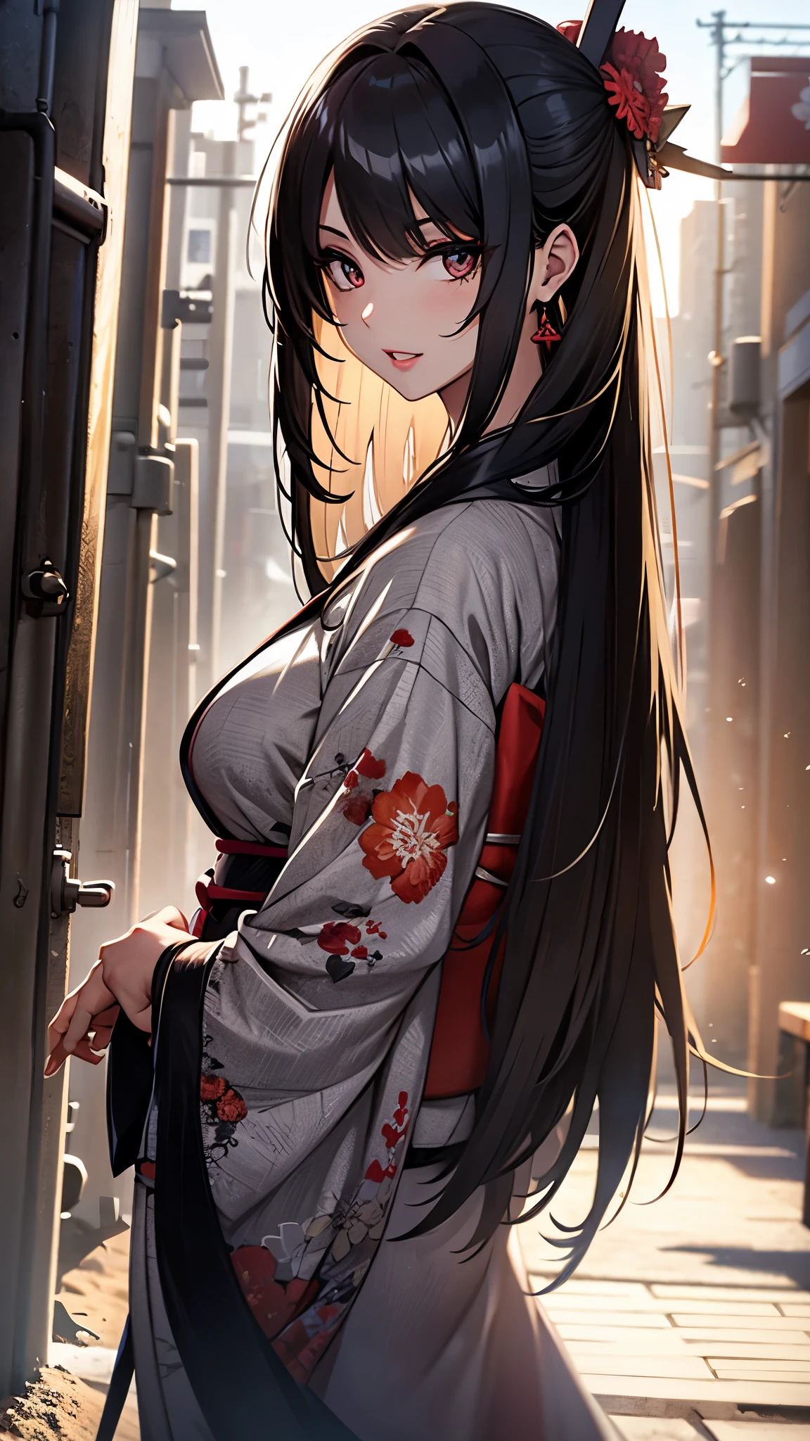 (1girl:1.3), Masterpiece, Best quality, amazing beauty, [[3D]], 4K, absurdres, finely detail, super detailed eye, perfect anatomy, official art, cinematic lighting, BREAK, sandy beach, silky long hair, silky straight hair, black hair, super shiny detailed black eye, big eyes, cute eyes, thick eyebrow, Looking at Viewer(camera), Looking Back, open-mouth, full lips, Eyeliner, False eyelashes, red lips, hairpin, happy face, BREAK , big breasts, tall, slender, glistening skin, arms behind back, cowboy shot,  from front, BREAK , , BREAK,(kimono:1.3)