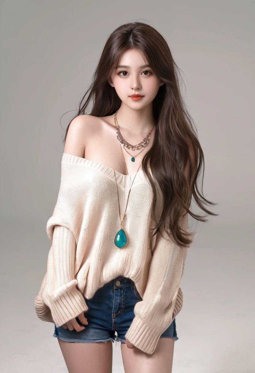 1girl in, age19, Solo, Long hair, Colossal , Looking at Viewer, Bare shoulders, Brown eyes, jewely, Full body, a necklace, off shoulders, Sweaters, Realistic, A sexy—no hands