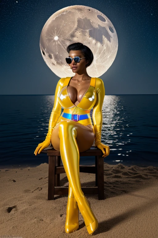 (ultra realistic,32k,RAW photo:1.1),(high detailed skin:1.1), 8k uhd, dslr, high quality, film grain, (makeup, mascara:1.1), lips,(thick\lips\),
(shiny glossy translucent clothing:1.1), AlexTS, dark skin, (yellow eyes:0.5), black hair, short hair, (yellow bodysuit:1.2), belt, gloves, long sleeve, huge breast,
Sitting with legs crossed at ankles, (upper body:1.1)
(busty:1.1) , (chubby:0.1),(polarized light:1.2),dark theme, moonshimmer cove, iridescent moonlight, secluded beaches, sanctuary of lunar spirits