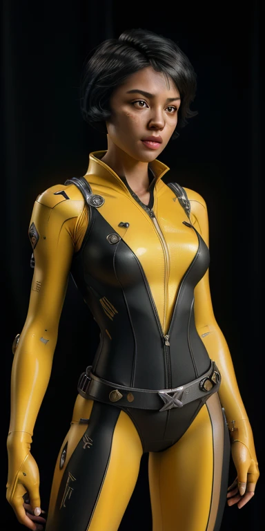 1 girl, solo, (look at viewer), ((Best quality)), ((masterpiece)), (detailed:1.4), ((upper body)), 3D, an image of a beautiful cyberpunk female,HDR (High Dynamic Range), Ray Tracing,NVIDIA RTX,Super-Resolution,Unreal 5,Subsurface scattering,PBR Texturing,Post-processing,Anisotropic Filtering,Depth-of-field,Maximum clarity and sharpness,Multi-layered textures,Albedo and Specular maps,Surface shading,Accurate simulation of light-material interaction,Perfect proportions,Octane Render,Two-tone lighting,Wide aperture,Low ISO,White balance,Rule of thirds,8K RAW, (((yellow eyes))), (((black short hair))), AlexTS, (dark skin:1.2), yellow eyes, black hair, short hair, medium breasts, yellow bodysuit, belt, (( yellow amor))