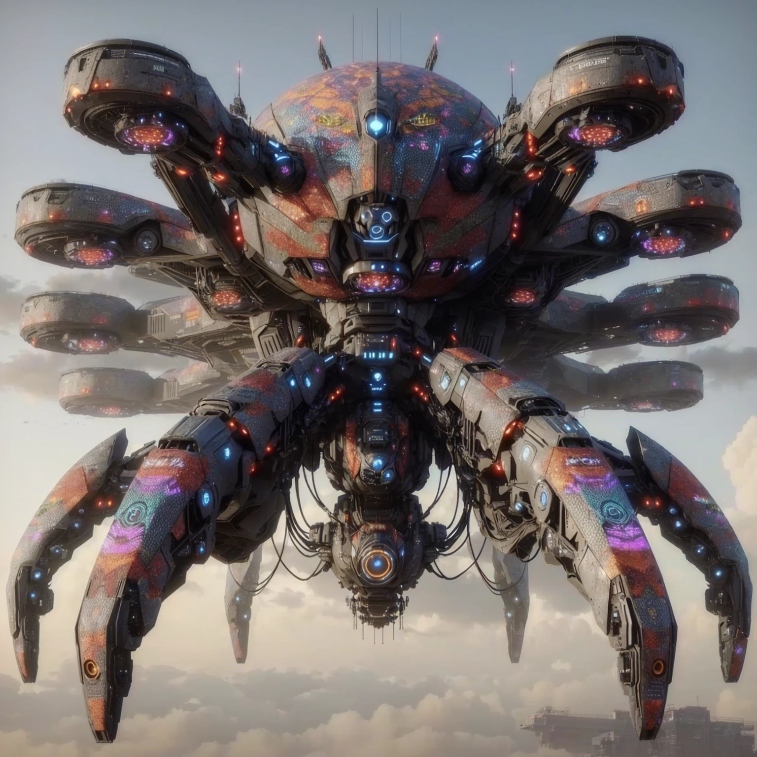 there is a giant spider that is flying in the sky, greg beeple, 3d render beeple, arstation and beeple highly, sci-fi highly detailed, beeple artwork, style hybrid mix of beeple, beeple rendering, beeple. octane render, sci-fi digital art