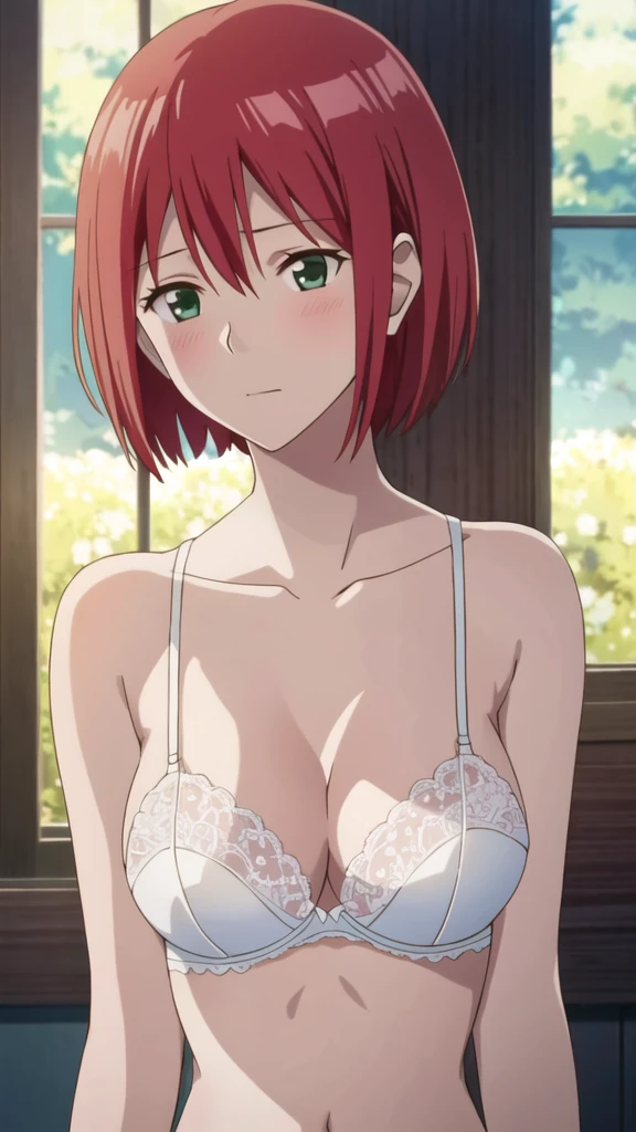 masterpiece, high quality, 8k, Beautiful lighting, sunny day,1girls ,, , {{{{{pov,nsfw:1.9}}}}}, {{{{{(nude)}}}}},,,((medium breasts)),(slender body),,squinting, upper body ,((white lace bra)),(close up),blush:0.9,red hair, short hair