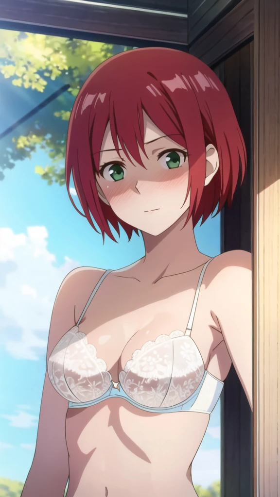 masterpiece, high quality, 8k, Beautiful lighting, sunny day,1girls ,, , {{{{{pov,nsfw:1.9}}}}}, {{{{{(nude)}}}}},,,((medium breasts)),(slender body),,squinting, upper body ,((white lace bra)),(close up),blush:0.9,red hair, short hair