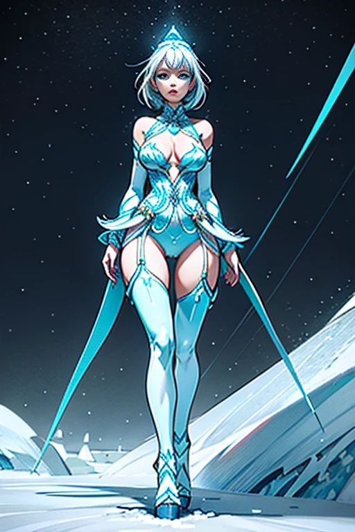A beautiful woman is walking in the middle of a glacier, she's offering her hand, she's looking like ice, pale blue, white and azure, shining bright, dressed with symmetrical designs and arabesques, adorned with blue lights, masterpiece, highly detailed, 3d modelling, 4k resolution, abstract art, digital art, photographic