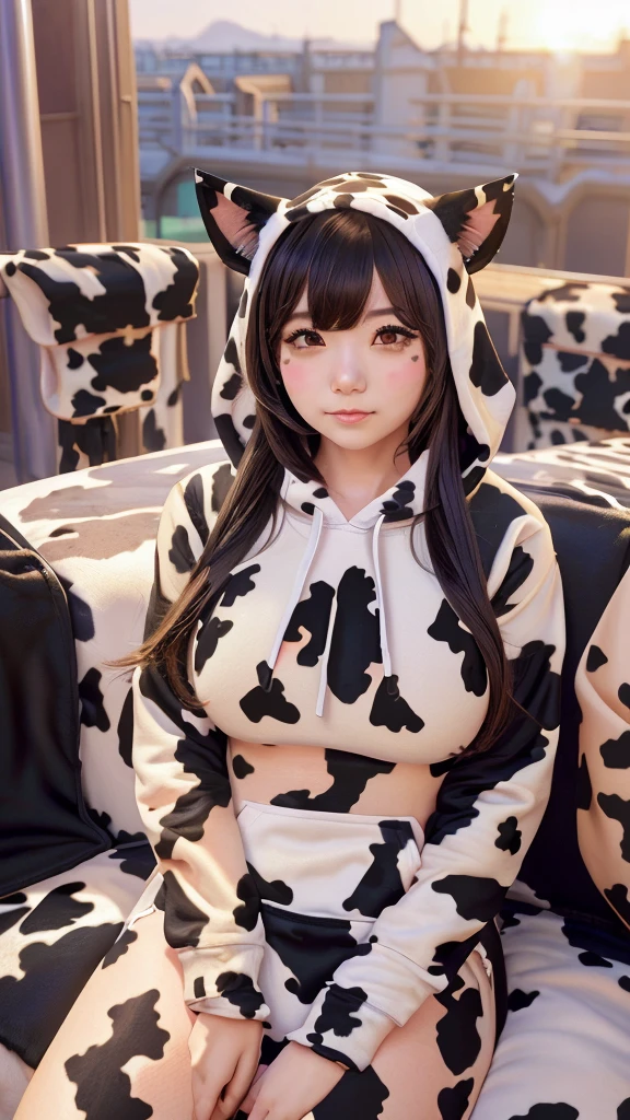 Masterpiece, bokeh, 4K, Beautiful high school girl, (Japanese idle:1.6), (cow pattern Hoodie:1.3), (Cat ears:1.3),  (Big cows:1.6), sundown rooftop