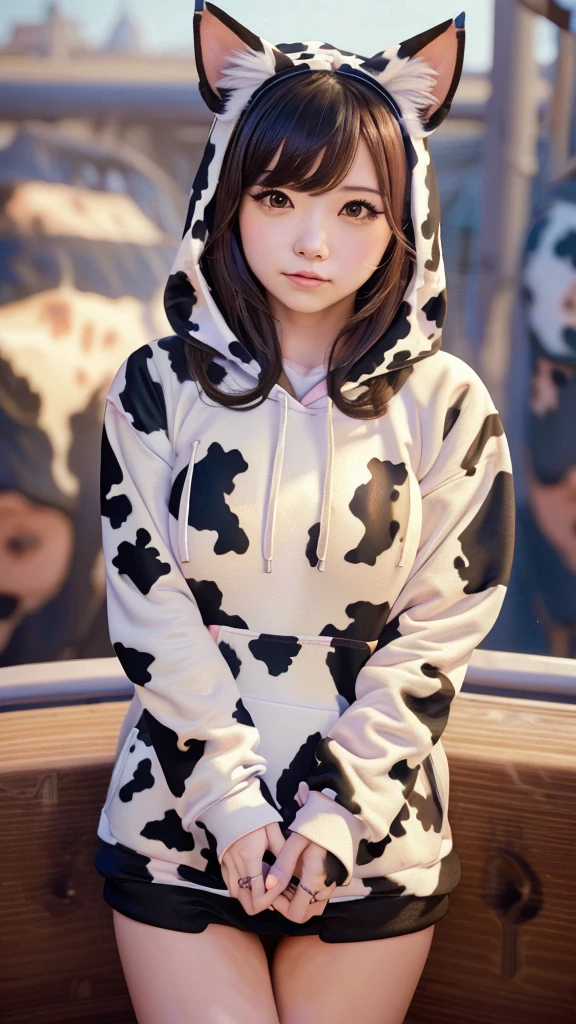 Masterpiece, bokeh, 4K, Beautiful high school girl, (Japanese idle:1.6), (cow pattern Hoodie:1.3), (Cat ears:1.3),  (Big cows:1.6), sundown rooftop