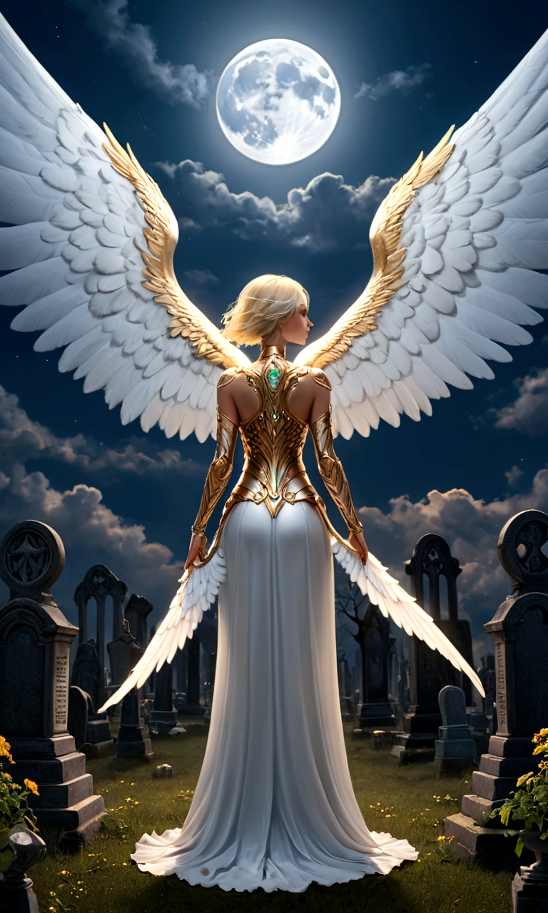 a model shot (taken from the back: 1.5),  aasimar, female,  paladin, holy warrior, spread large feathered wings, (wings sprouting from the back: 1.3), majestic wings, white angelic wings spread (Masterpiece, intense details: 1.5), moon light, moon, stars, clouds, holy symbol, armed with sword, short blond hair, dark fantasy cemetery background, anatomically correct (Masterpiece 1.3, intense details), angel_wings, determined face, god rays, cinematic lighting, glowing light, silhouette, from outside, photorealism, panoramic view (Masterpiece 1.3, intense details) , Wide-Angle, Ultra-Wide Angle, 16k, highres, best quality, high details, 16K, ultra detailed, masterpiece, best quality, (extremely detailed), arafed, dnd art, portrait, full body,