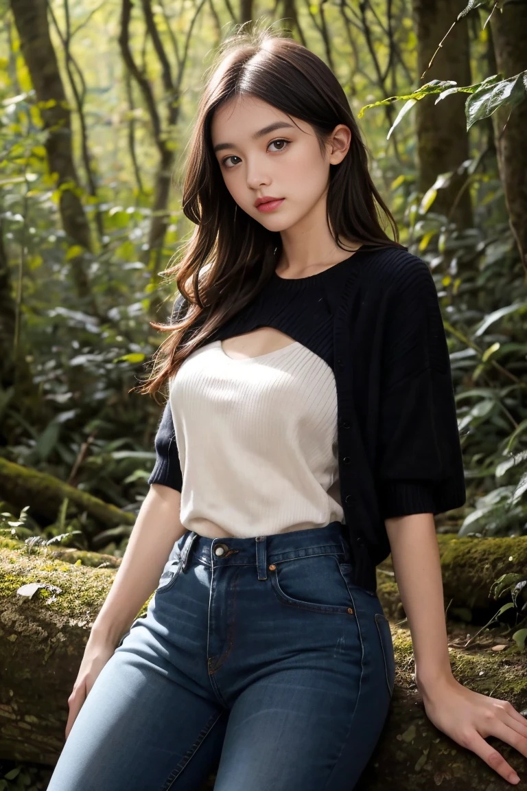 deux femmes ensemble sexy et mince de 18 ans , dans la forêt , black short sleeve sweater et short en jean , position sexy , position sensuelle, se touche ,