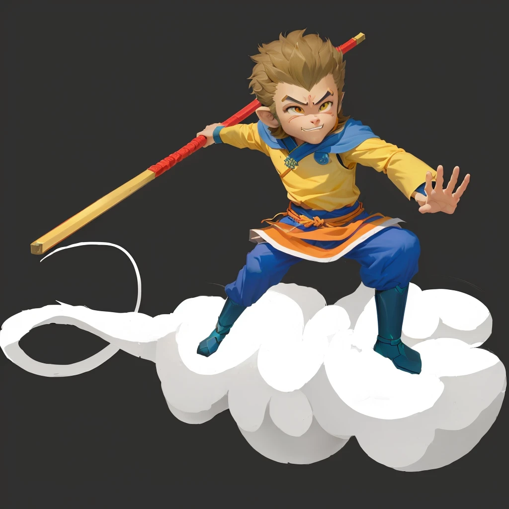 Cartoon boy standing on the cloud with pole in hand, sun Wukong, Sun Wukong, Wukong, Akira in Chinese mythology, Smart monkey with long knife, The character is flying, gentlemen. Halo character design, Journey to the West, Ashura,From Chinese mythology, Humanoid monkey fantasy race, Legendary god holding a spear