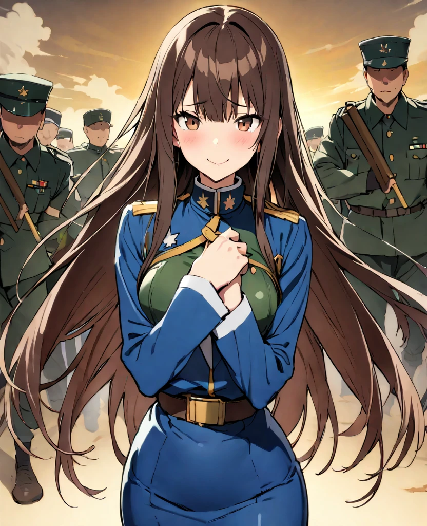 (((masterpiece, highest quality:1.5,absurdres))),25 year old beauty,solo,((very small head)),long hair,bangs,dark brown hair,brown eyes,shy,smile,medium breasts,((very long body)),((toned body:1.2,slender body)),skinny,gleaming skin,shiny skin,((Army infantry uniform、saber、Tight mini skirt)),army base、Japan in the Taisho Period、taisho steampunk、Takeda Hiromitsu style,