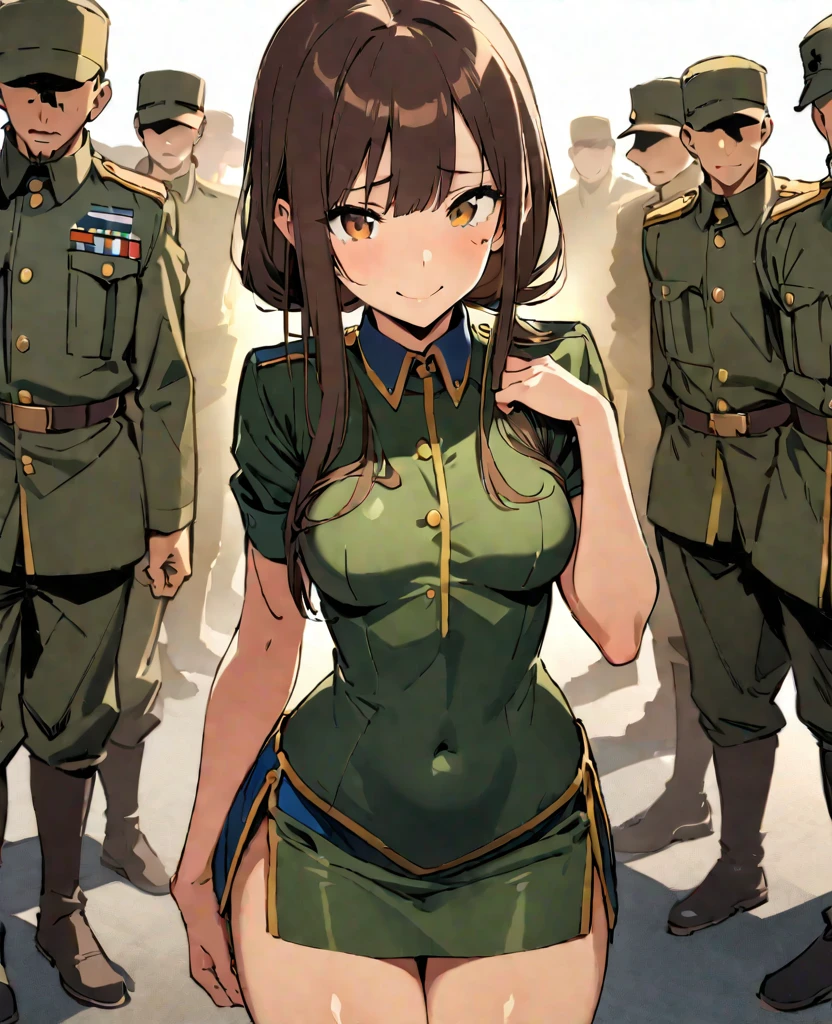 (((masterpiece, highest quality:1.5,absurdres))),25 year old beauty,solo,((very small head)),long hair,bangs,dark brown hair,brown eyes,shy,smile,medium breasts,((very long body)),((toned body:1.2,slender body)),skinny,gleaming skin,shiny skin,((Army infantry uniform、saber、Tight mini skirt)),army base、Japan in the Taisho Period、taisho steampunk、Takeda Hiromitsu style,
