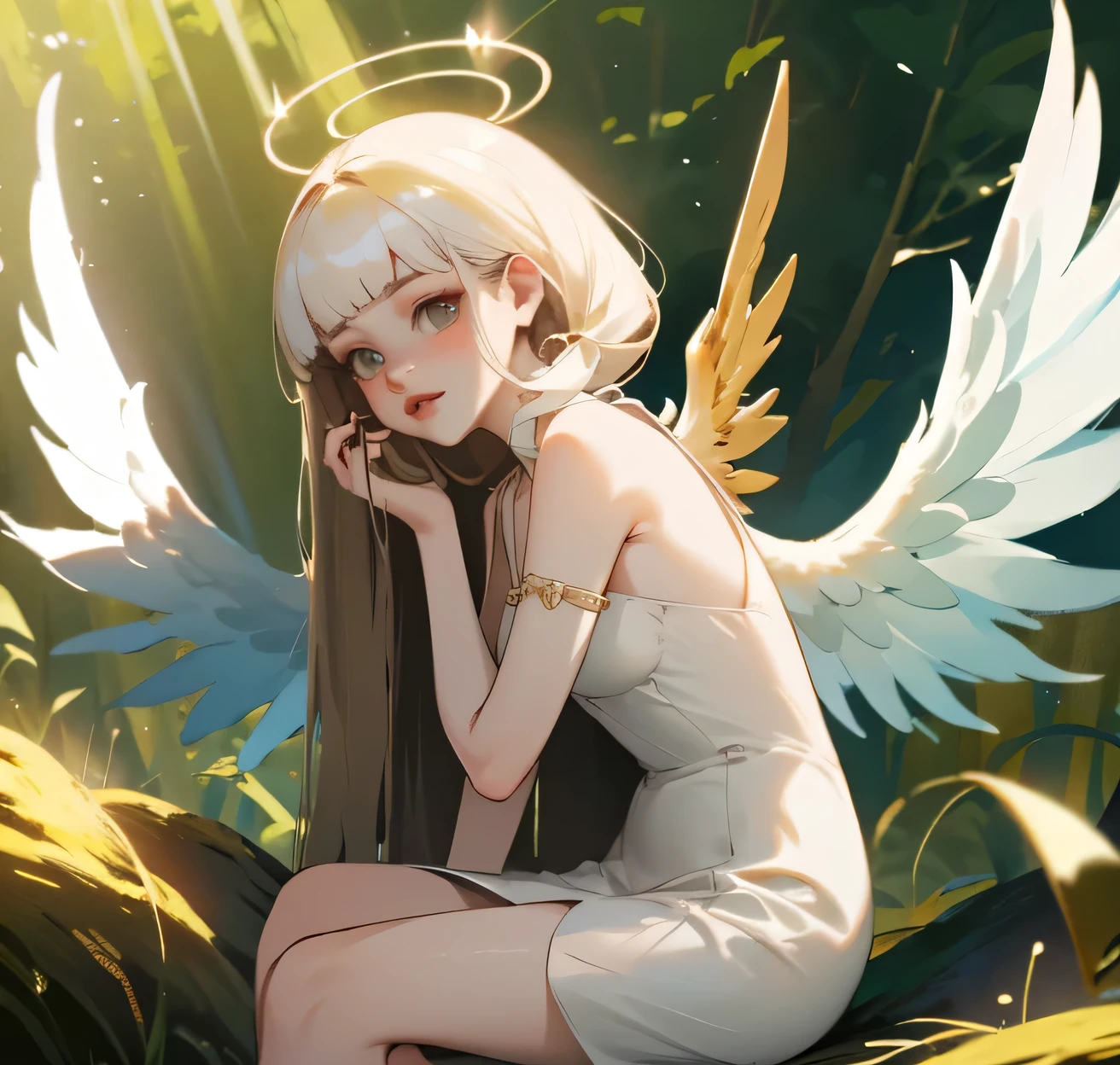 (high quality) (best quality) (a woman) (correct physiognomy) Woman, white hair with bangs on her forehead, four small angel wings coming out of her head, two on the left side and two on the right side, two angel wings coming out of her back, a golden halo behind her head, golden eyes, tender lips, middle age, white dress with straps on the shoulders, skirt cut diagonally leaving one leg exposed, location of the photo the woman must be in middle of the forest, photo lighting sunlight, full body proportion, showing in the photo the body from head to torso